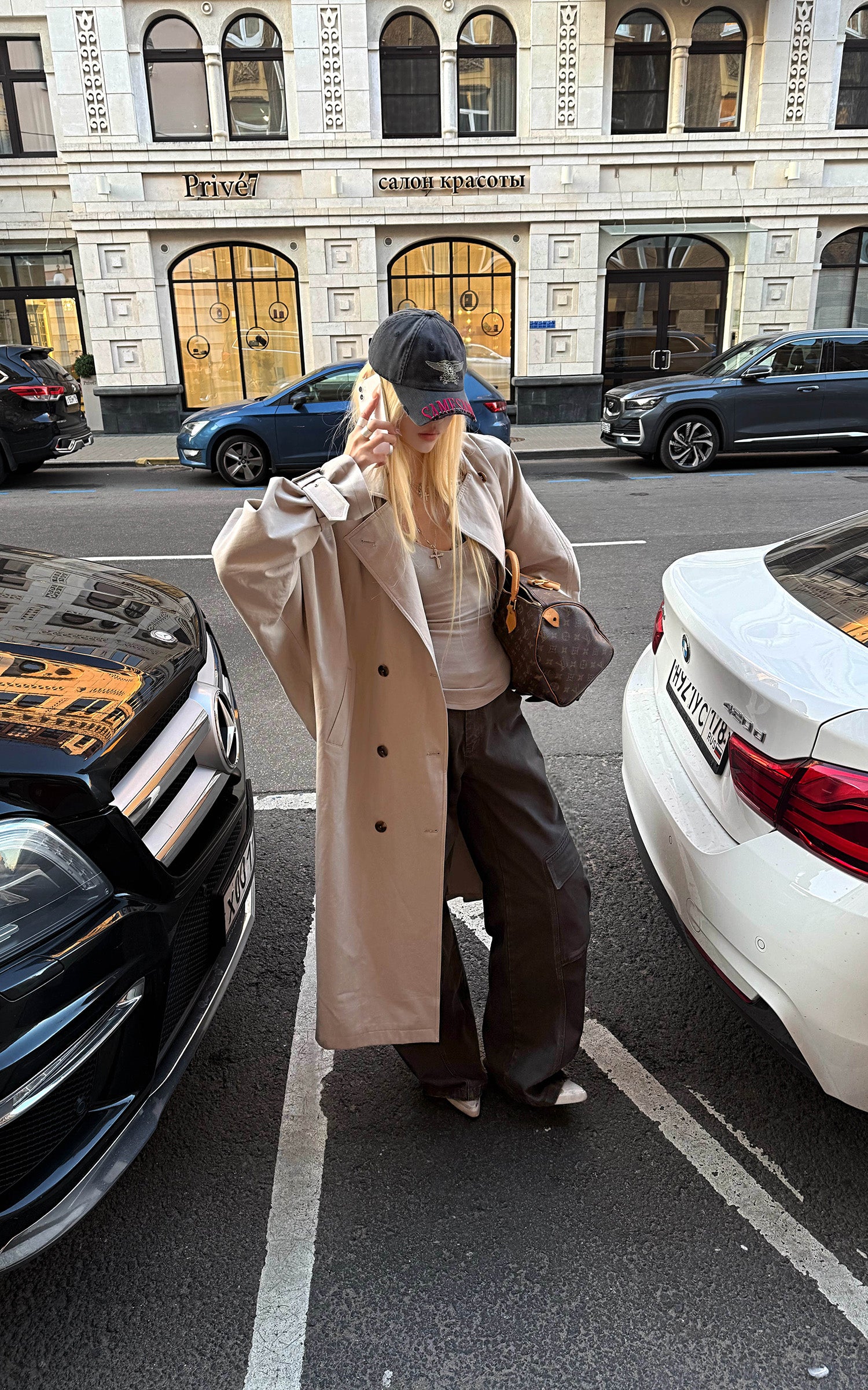 Rase le sol チェックの内張り付きリバーシブルロングトレンチコート