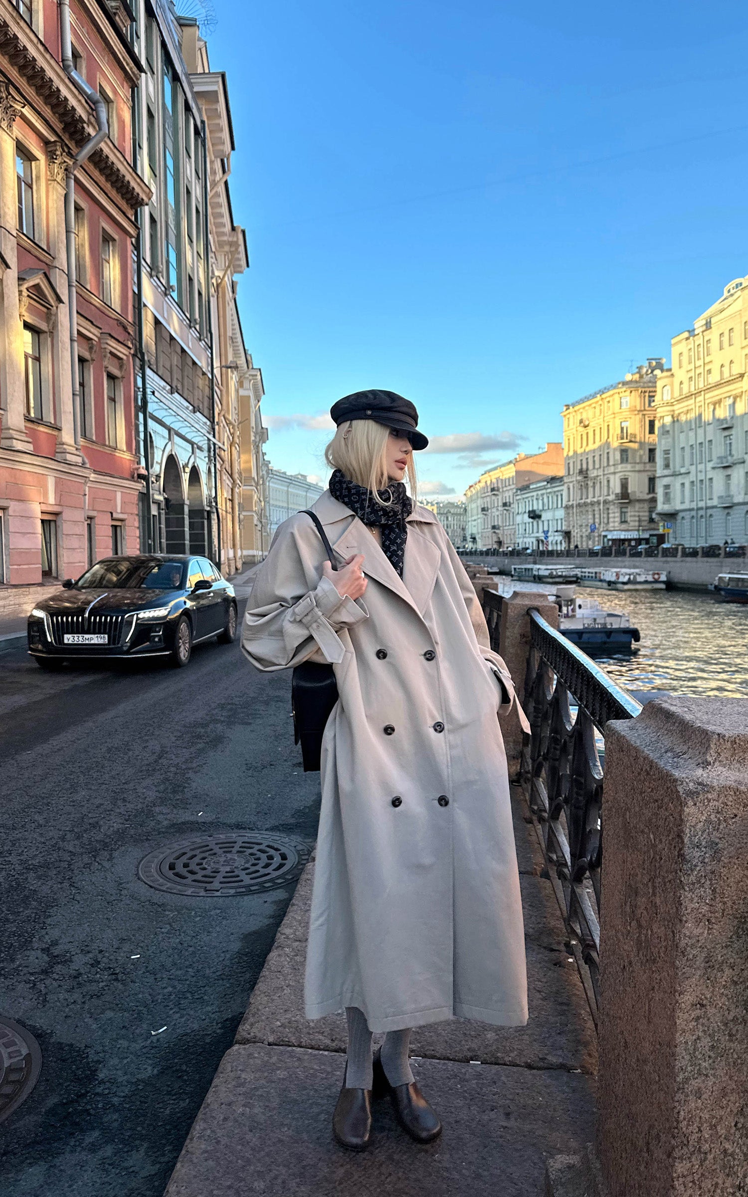 Rase le sol チェックの内張り付きリバーシブルロングトレンチコート