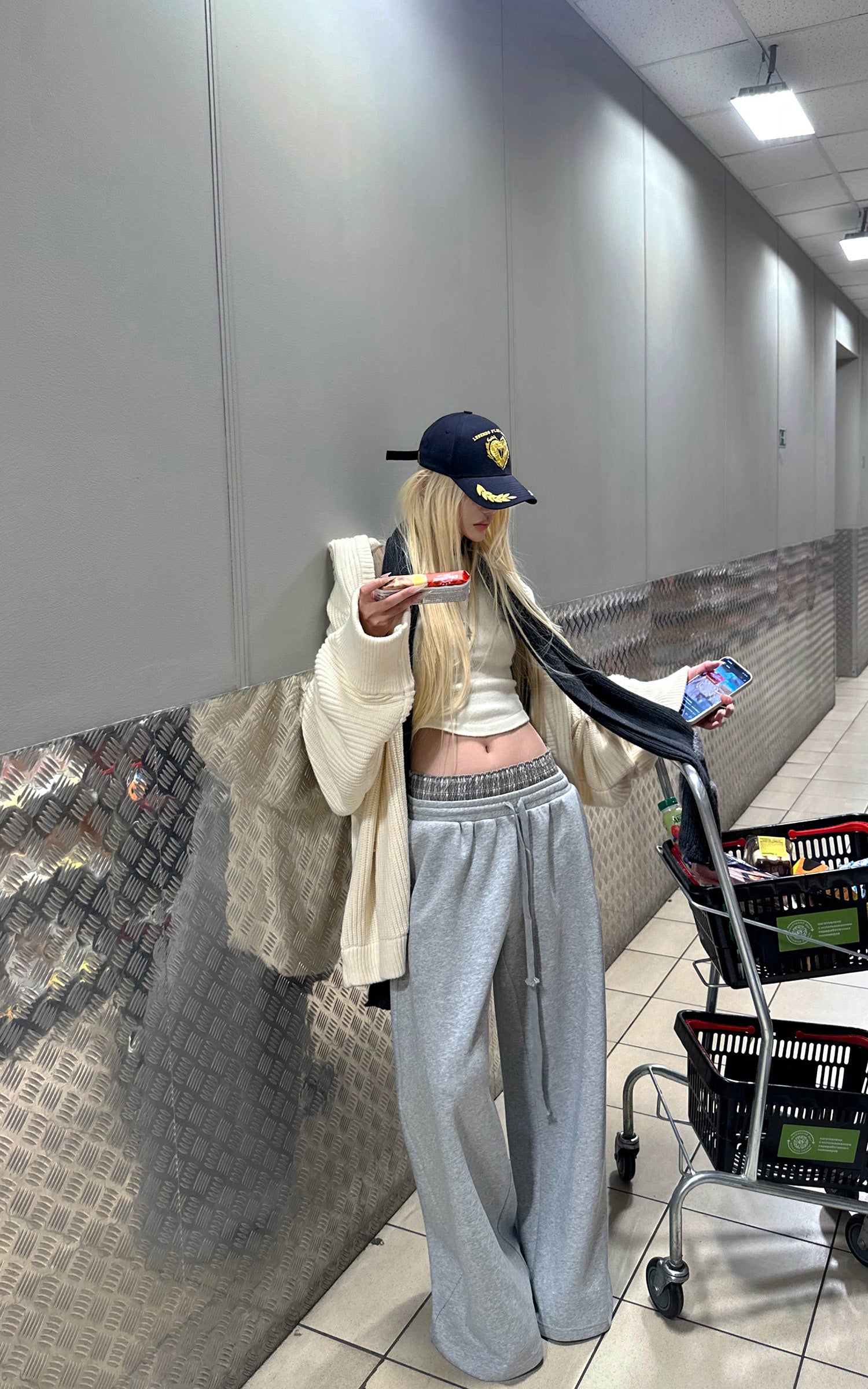 Rase le sol スモックウエスト＆ドローストリング付きワイドレッグスウェットパンツ（フルレングス）