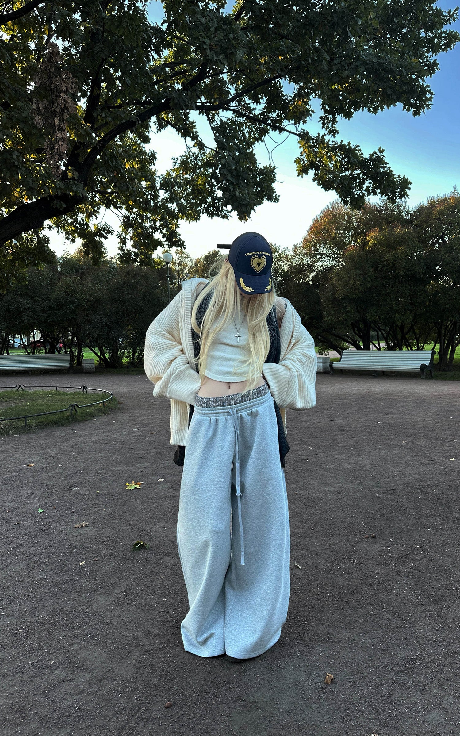 Rase le sol スモックウエスト＆ドローストリング付きワイドレッグスウェットパンツ（フルレングス）