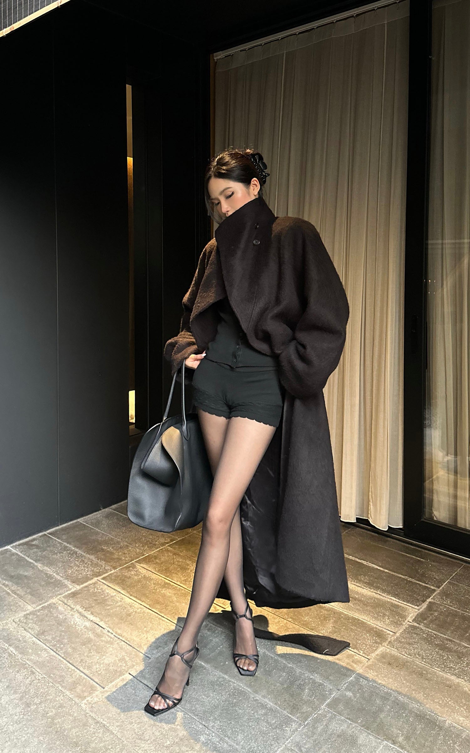 ROVENTE テクスチャードウールコート オーバーサイズラペル付き &amp; タイベルト