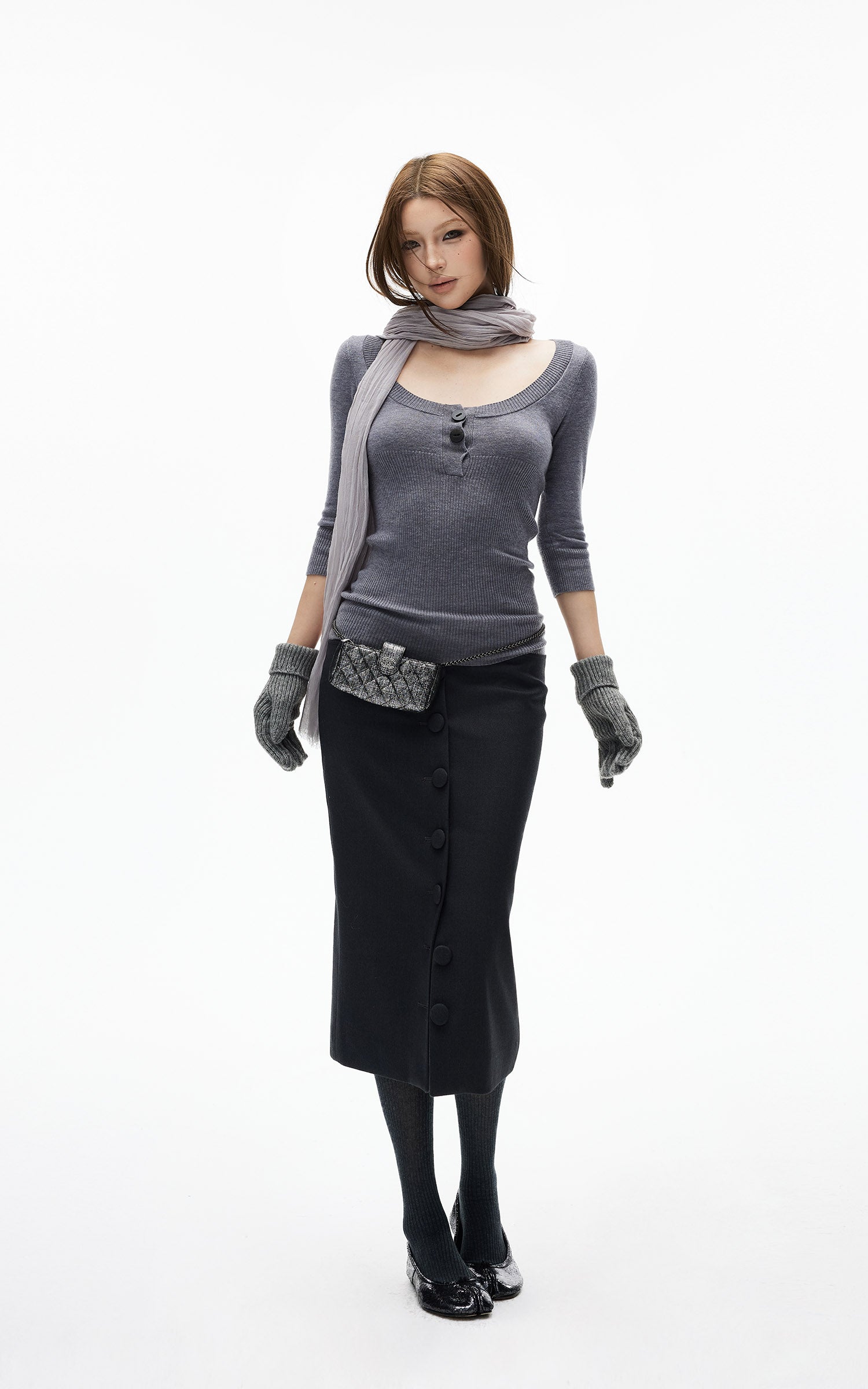 IAMXIAA ボタンフロントミディペンシルスカート、テーラードシルエット付き