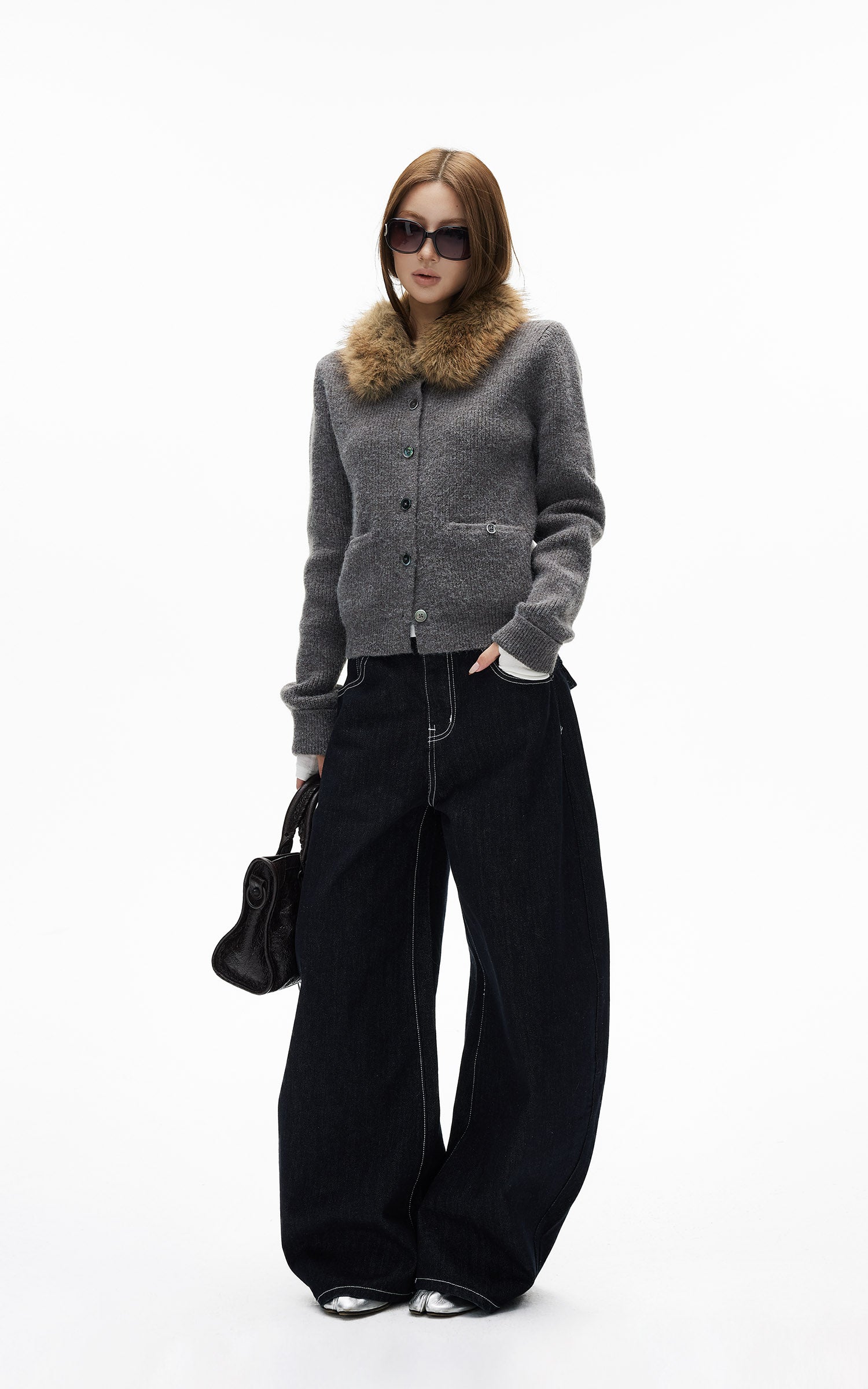 IAMXIAA ダブルバックポケット付きコントラストステッチワイドレッグデニムジーンズ