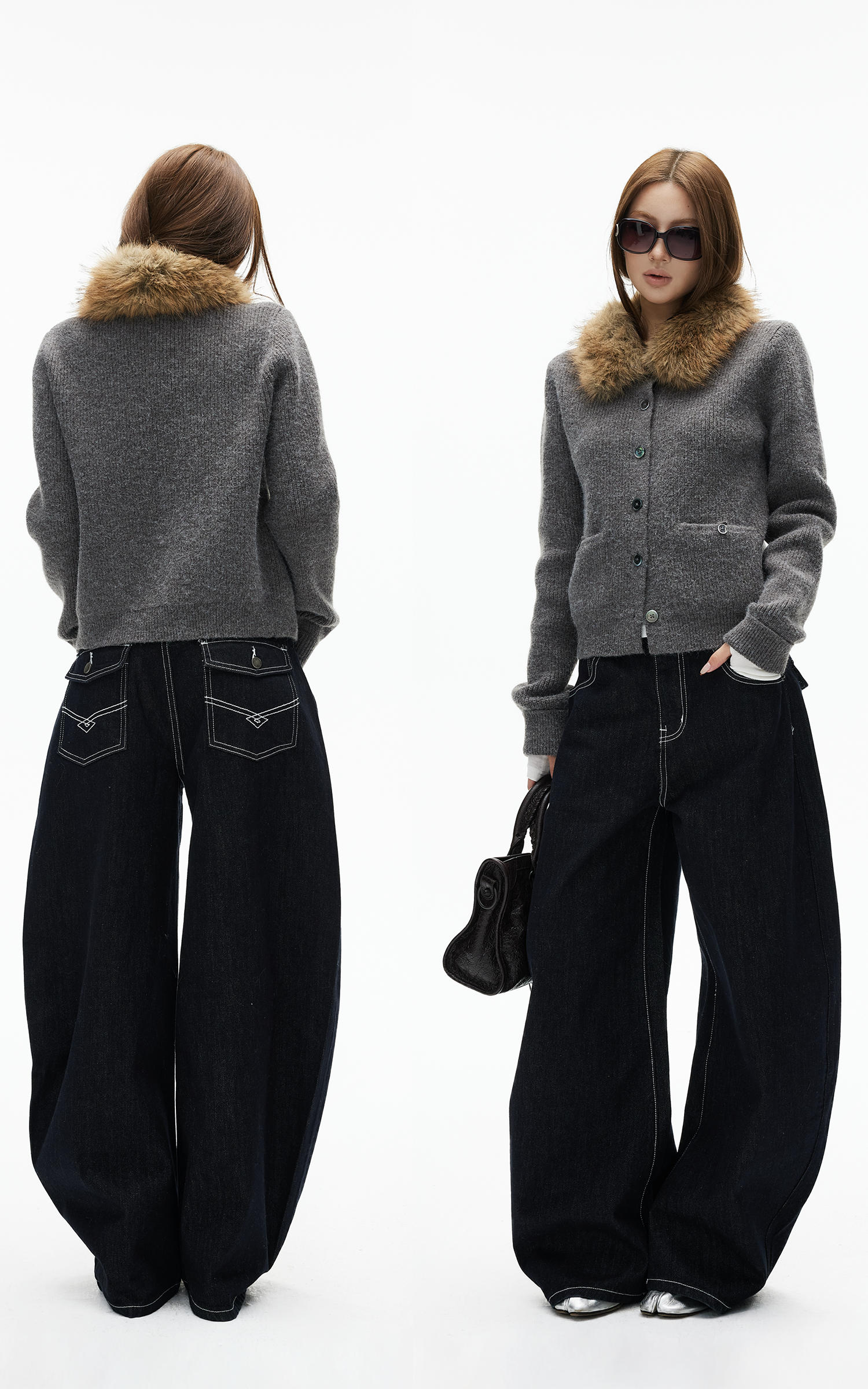 IAMXIAA ダブルバックポケット付きコントラストステッチワイドレッグデニムジーンズ