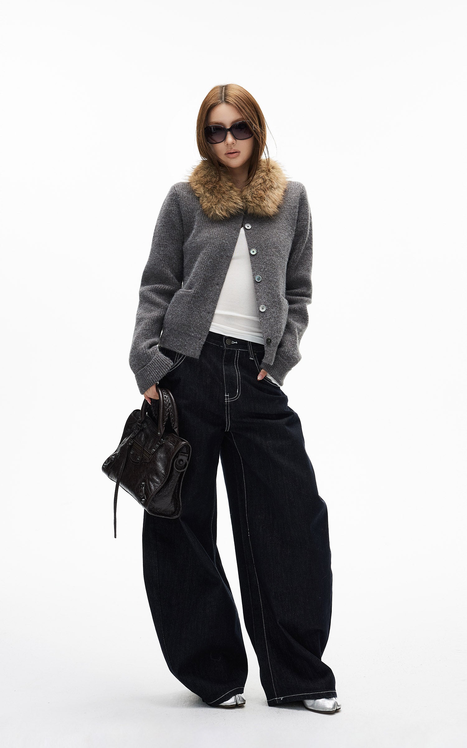 IAMXIAA フェイクファー襟ウール風ニットカーディガン