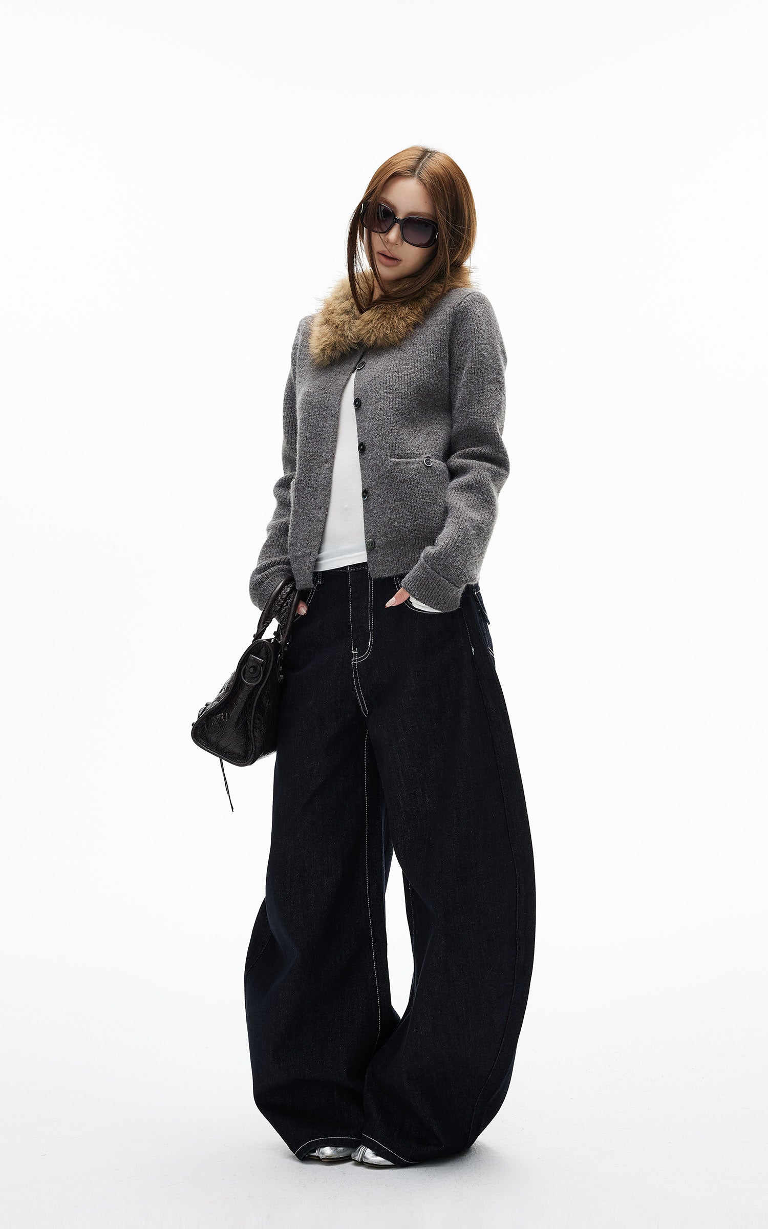 IAMXIAA フェイクファー襟ウール風ニットカーディガン