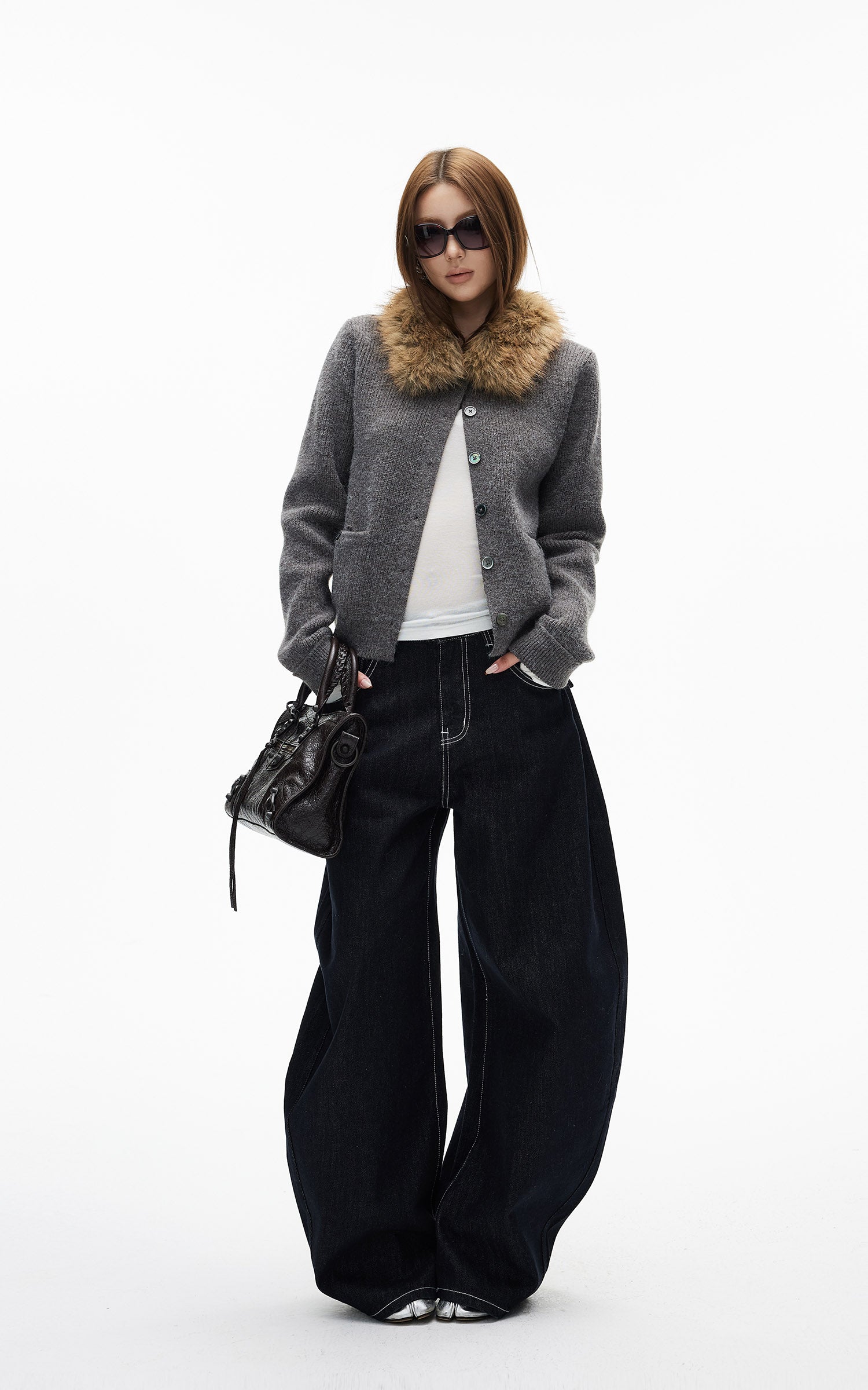 IAMXIAA ダブルバックポケット付きコントラストステッチワイドレッグデニムジーンズ