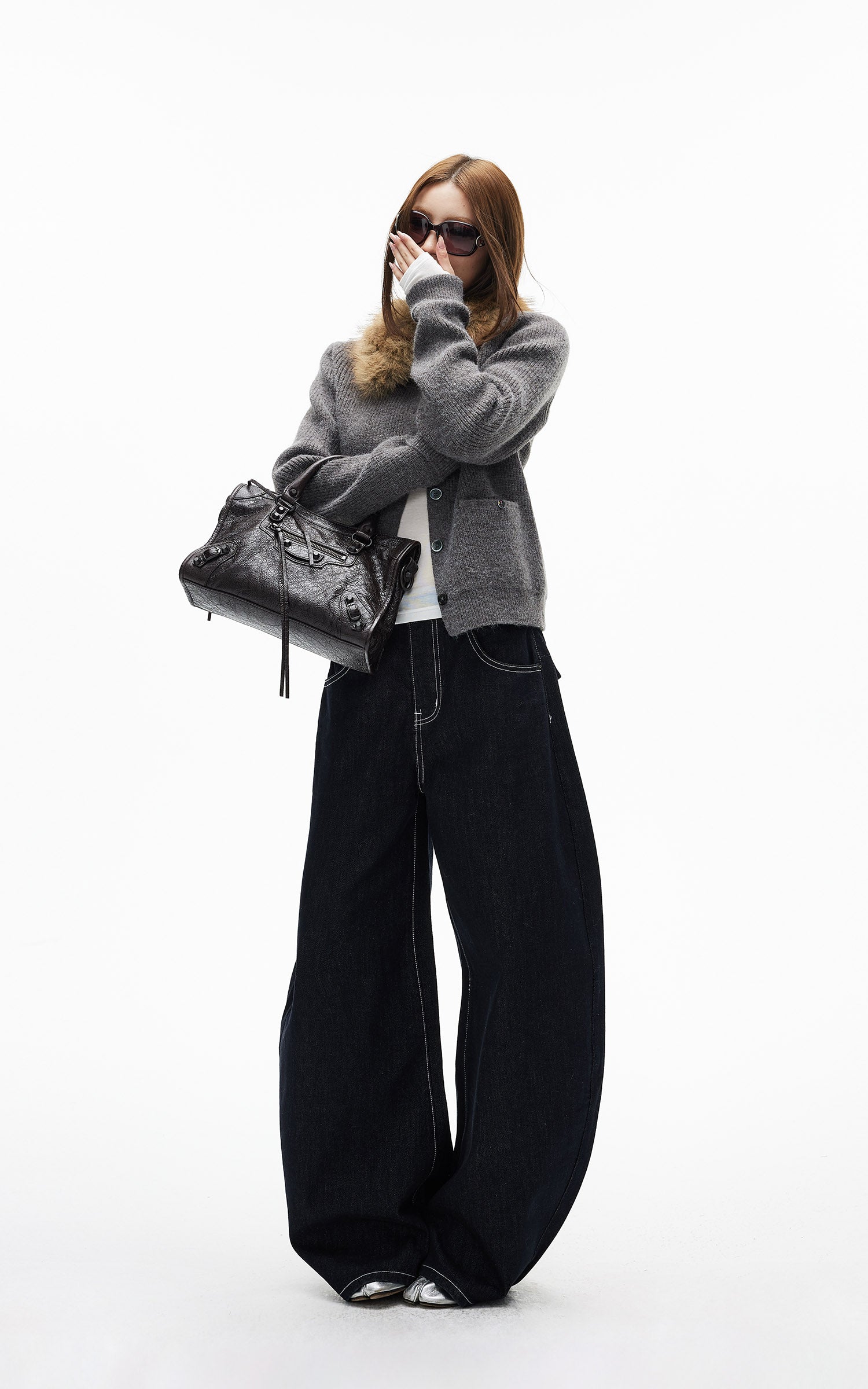 IAMXIAA フェイクファー襟ウール風ニットカーディガン