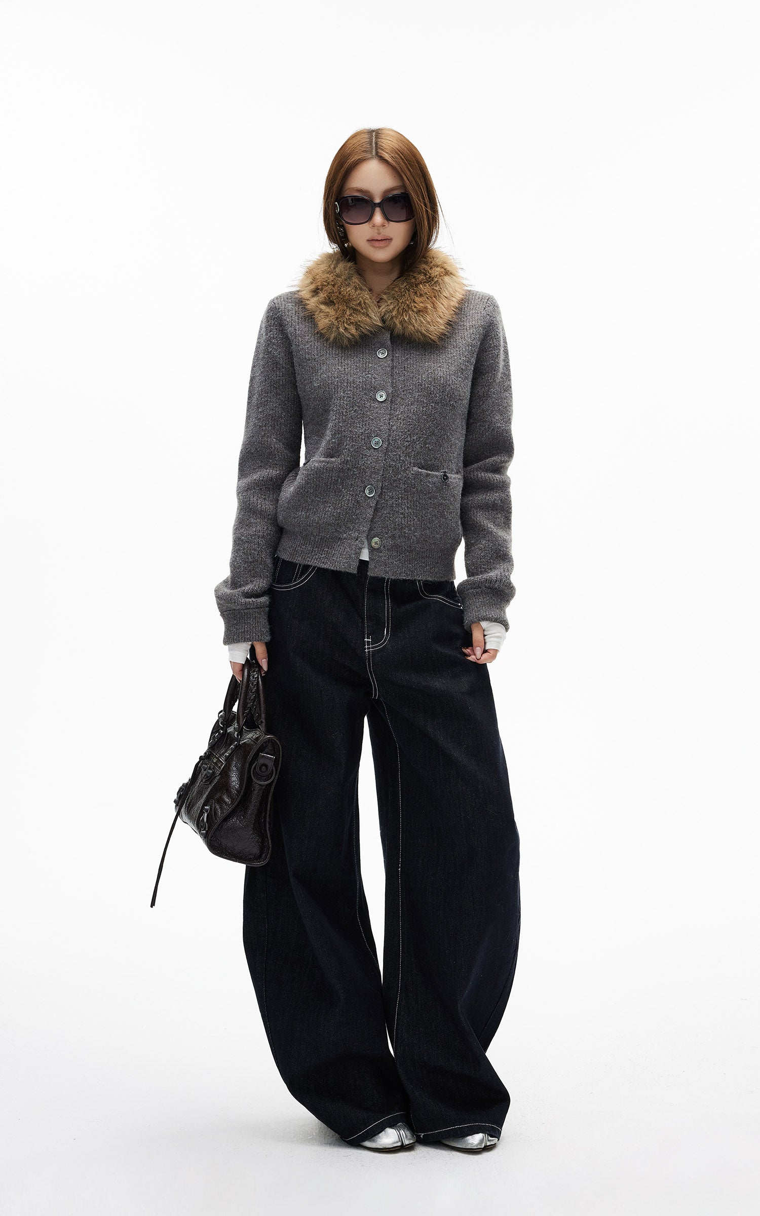 IAMXIAA フェイクファー襟ウール風ニットカーディガン