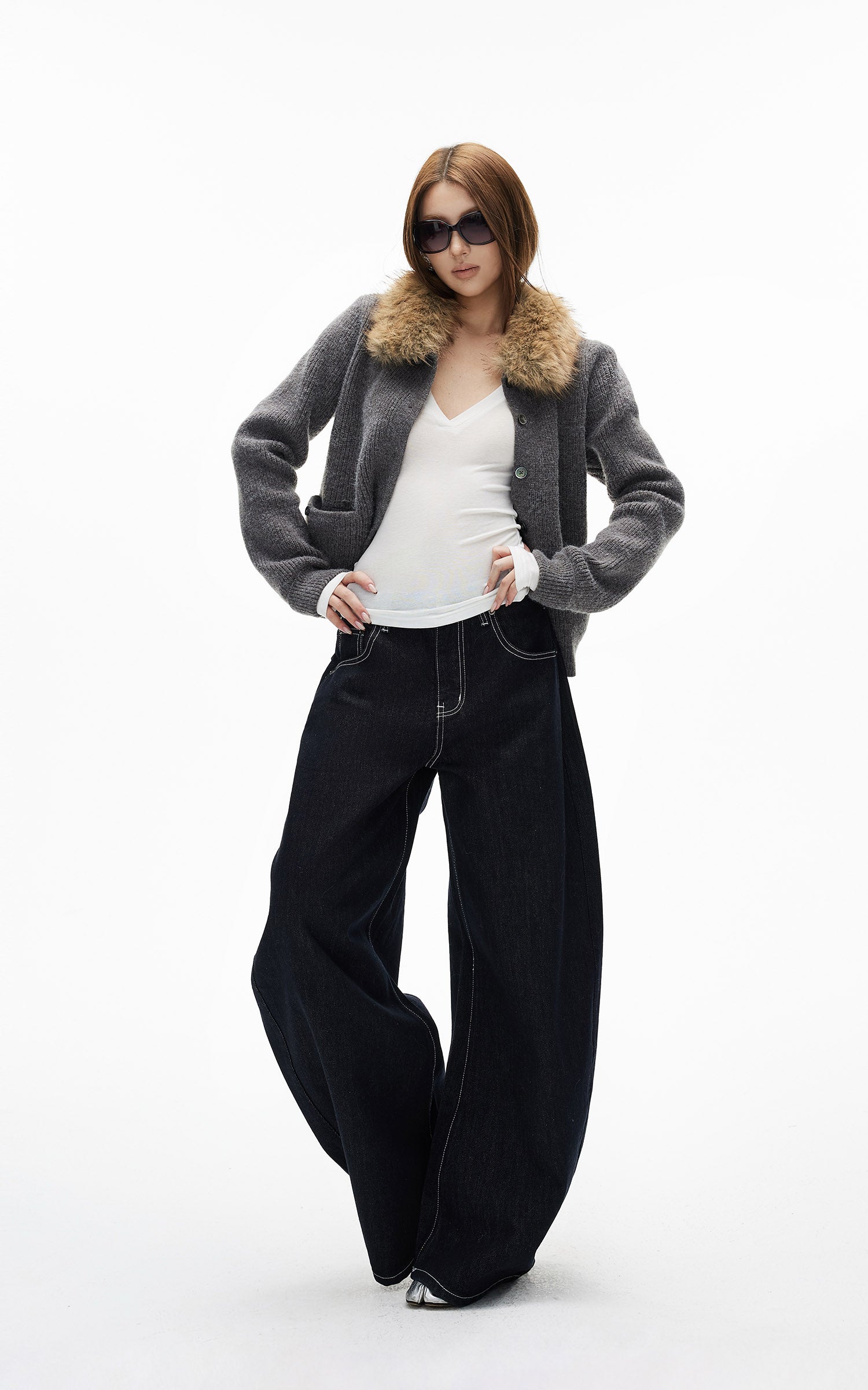 IAMXIAA フェイクファー襟ウール風ニットカーディガン