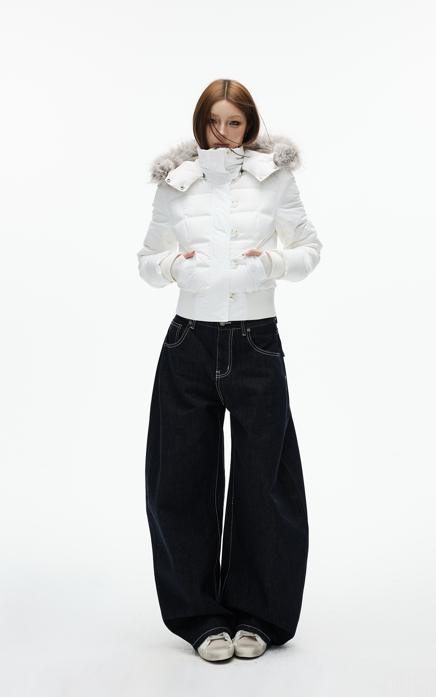 IAMXIAA Cropped Puffer Jacket with Faux Fur Hood and Button Detail
