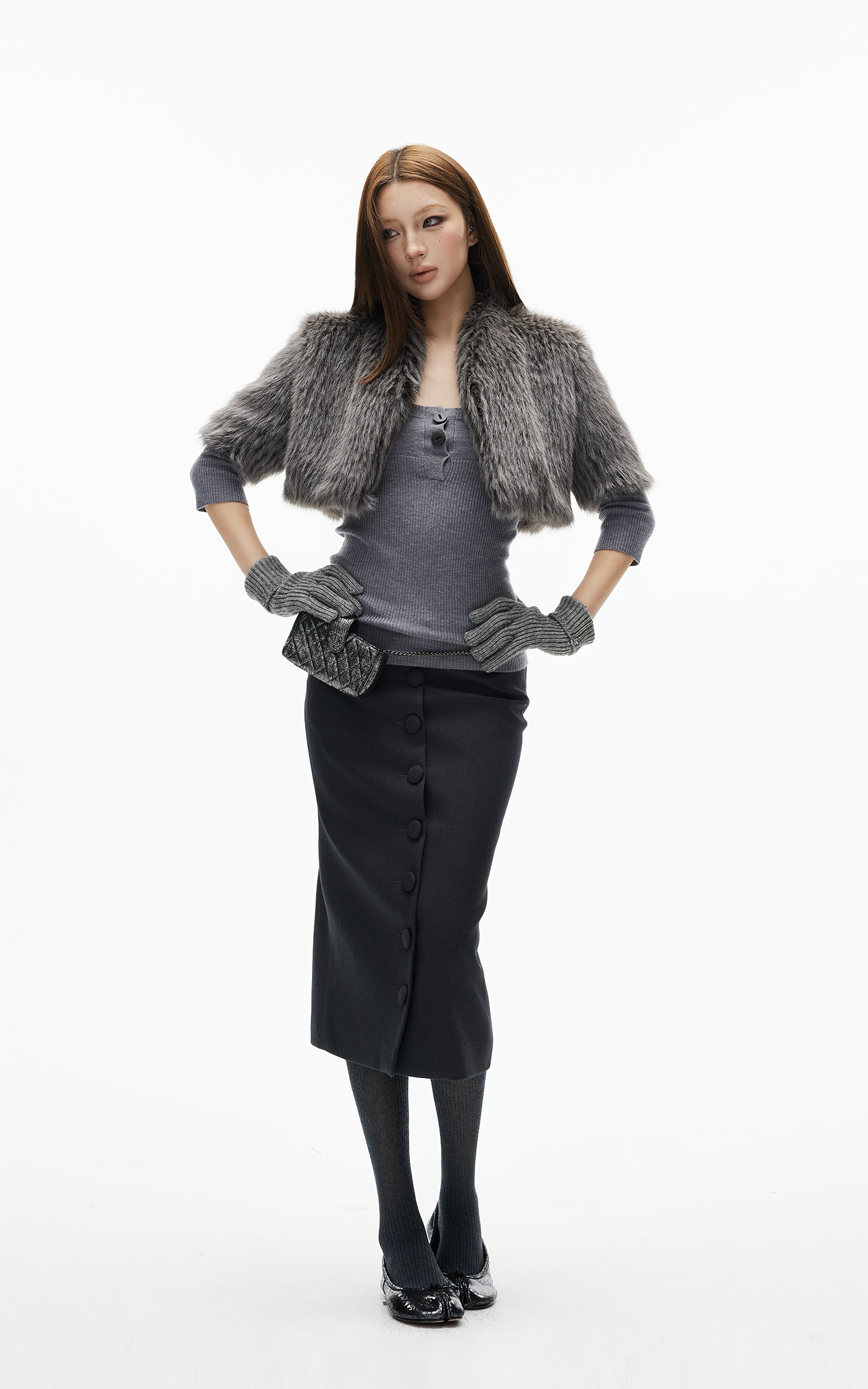 IAMXIAA ボタンフロントミディペンシルスカート、テーラードシルエット付き