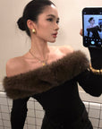 ROVENTE フェイクファーオフショルダー長袖トップ