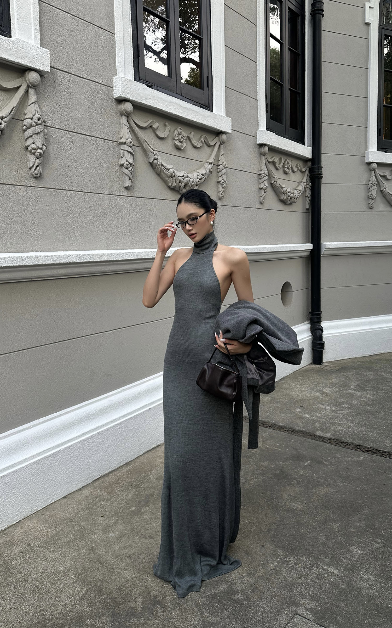 ROVENTE ハルターバックレスリブニットマキシドレス