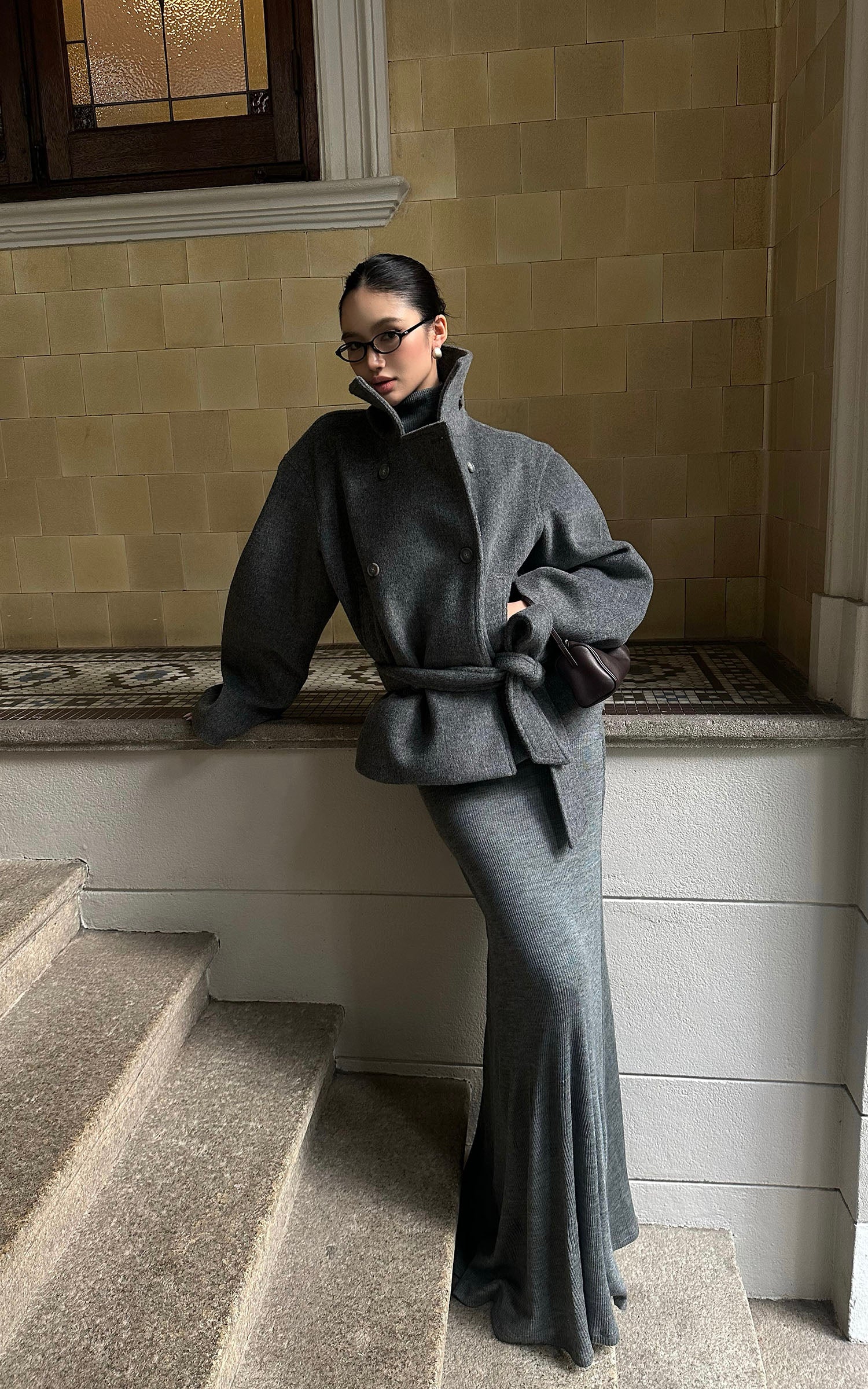 ROVENTE ハルターバックレスリブニットマキシドレス