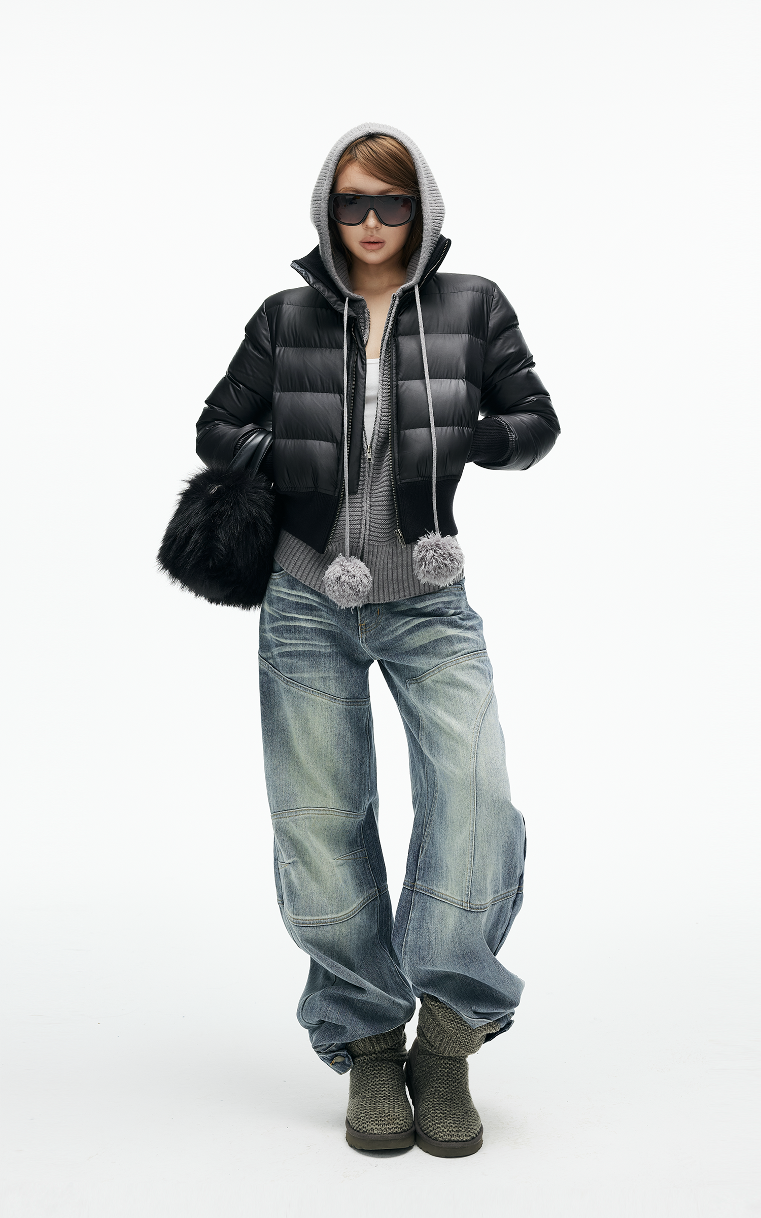 IAMXIAA リブ付きハイネックとカフ付き裾のクロップドパファージャケット