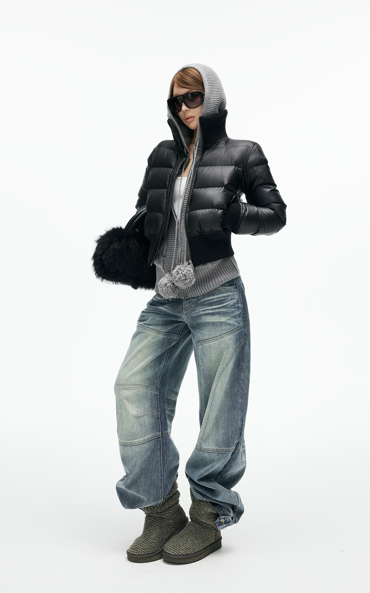 IAMXIAA リブ付きハイネックとカフ付き裾のクロップドパファージャケット