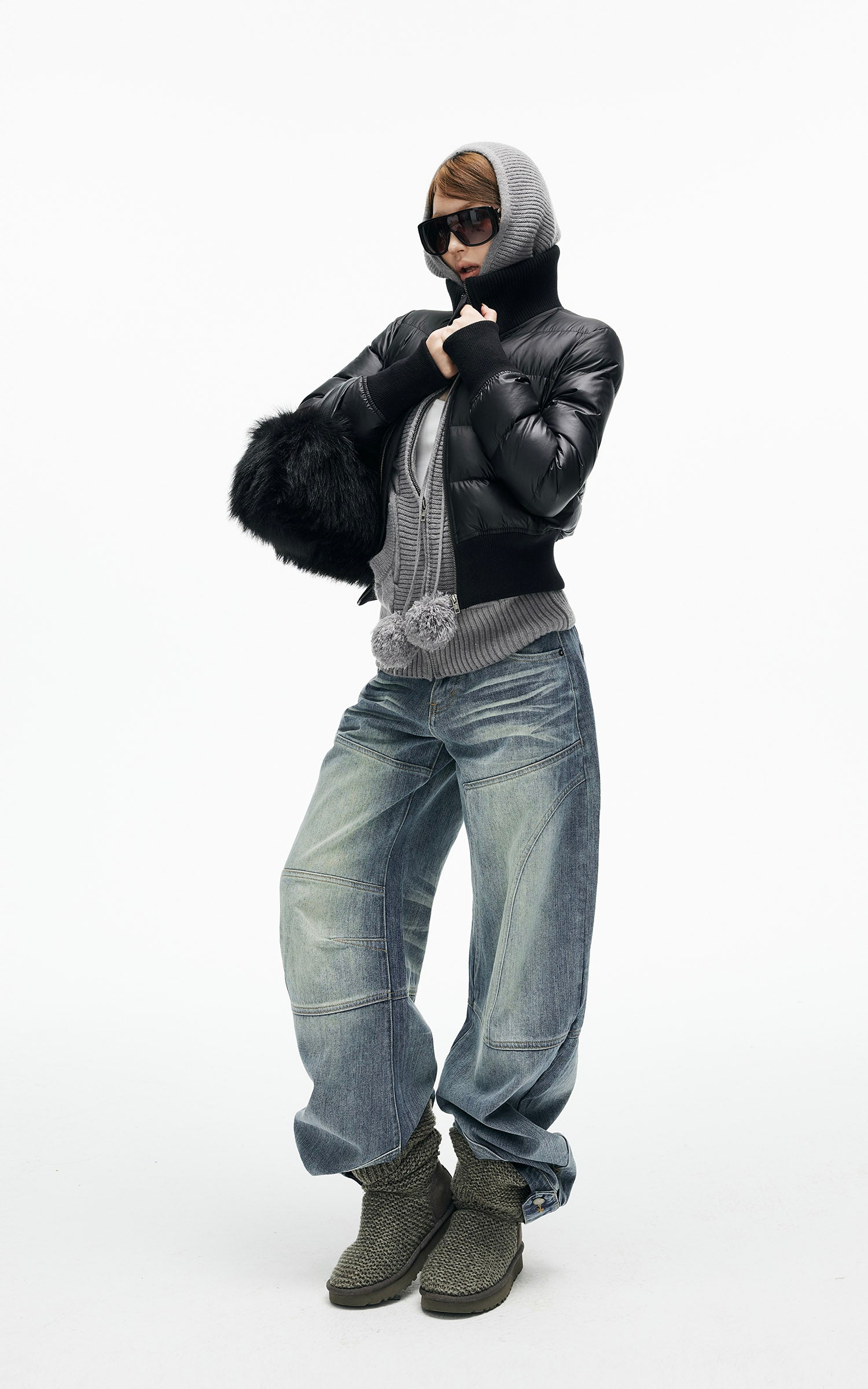 IAMXIAA リブ付きハイネックとカフ付き裾のクロップドパファージャケット