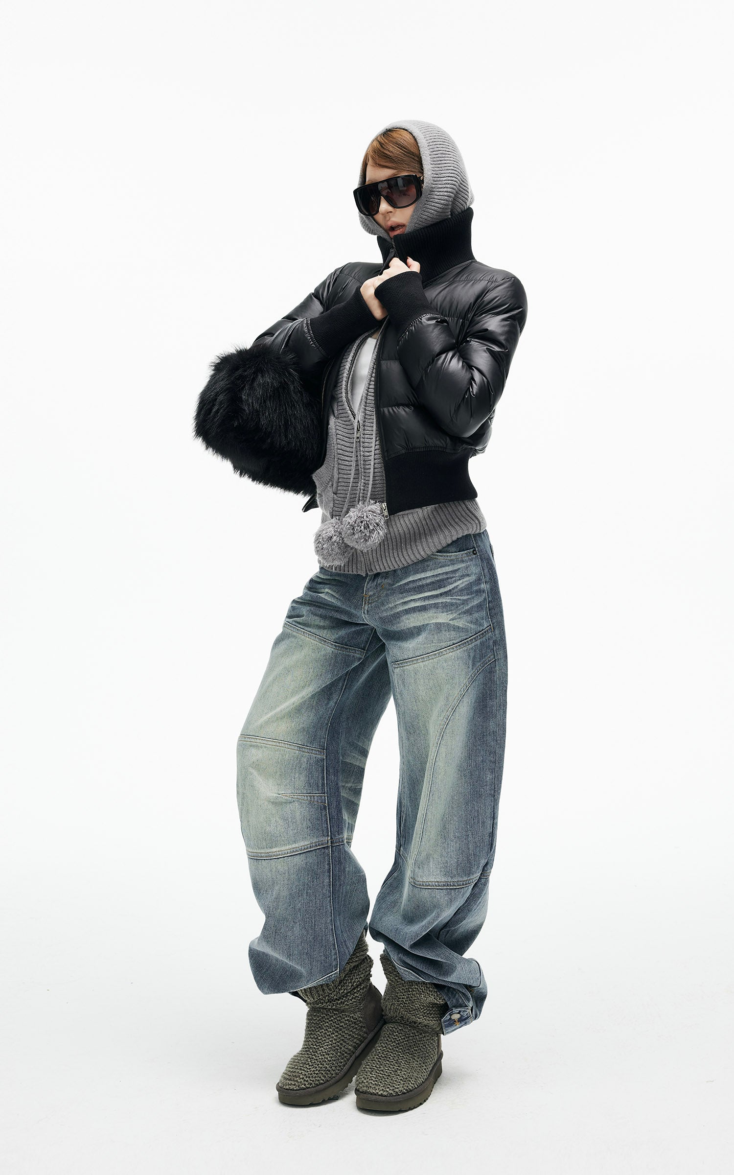 IAMXIAA カーブパネルステッチ付きのストラクチャードワイドレッグデニムパンツ