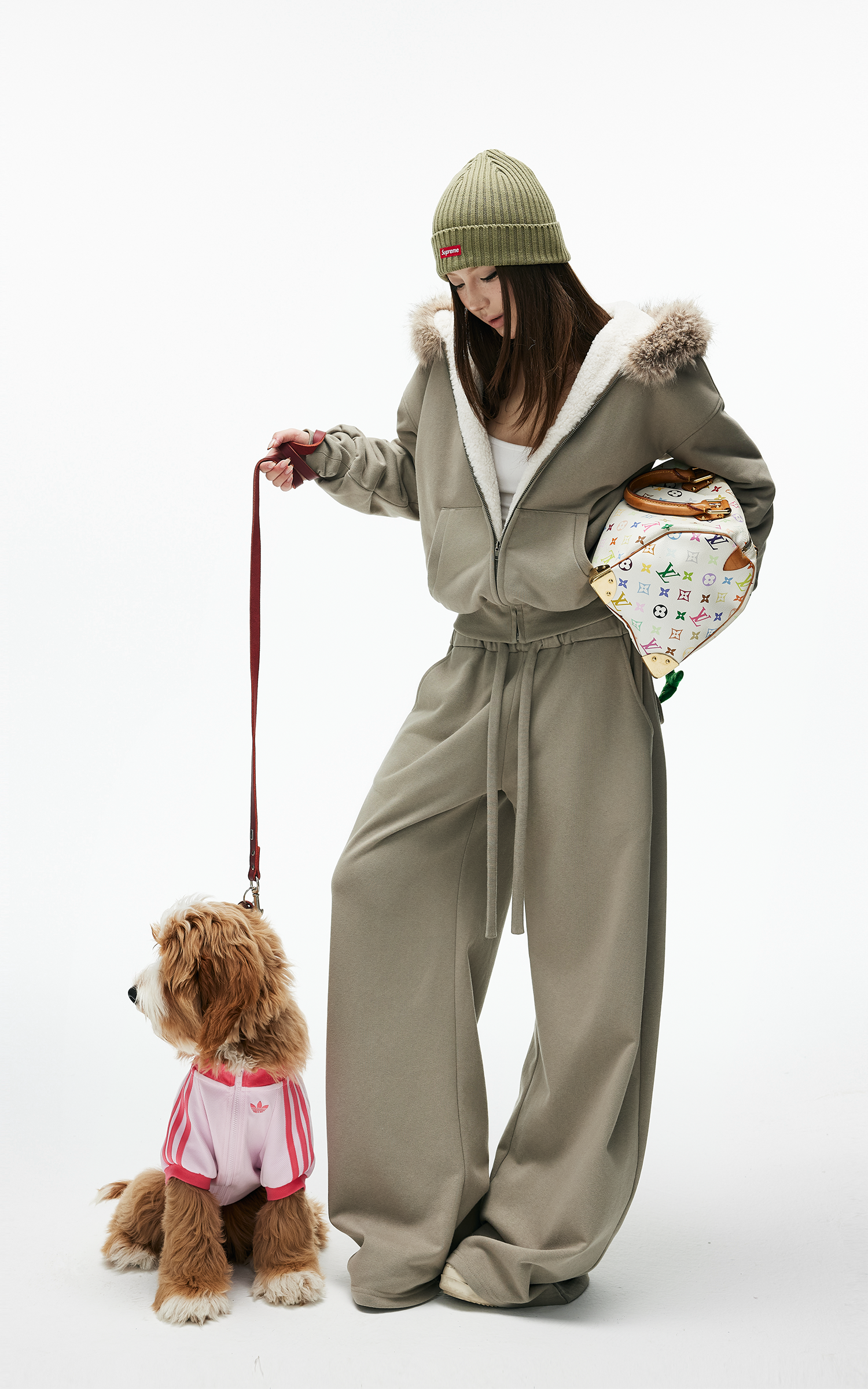 IAMXIAA フェイクファー トリム フーディ ジップ ジャケット &amp; ワイドレッグ スウェットパンツ セット