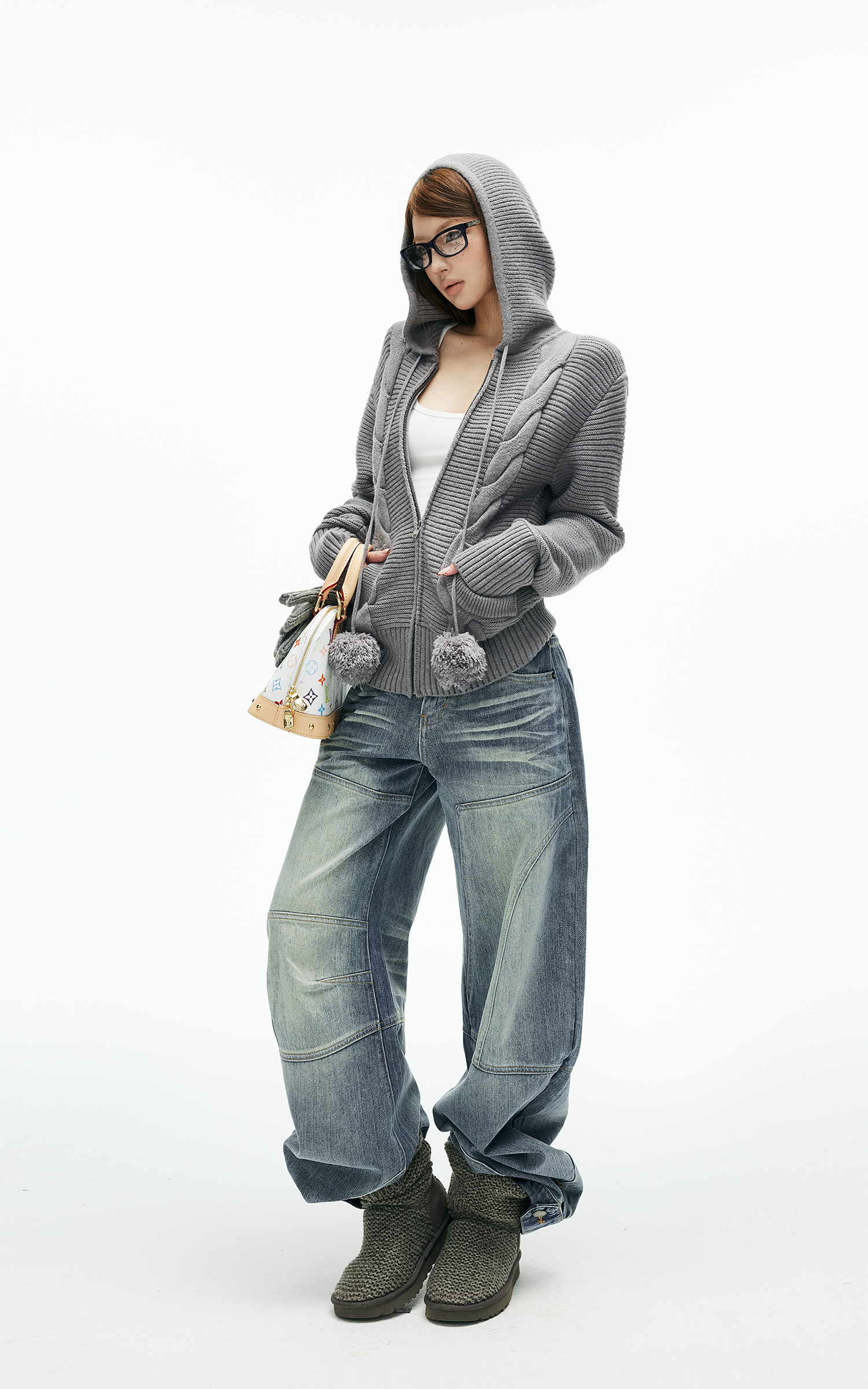 IAMXIAA カーブパネルステッチ付きのストラクチャードワイドレッグデニムパンツ