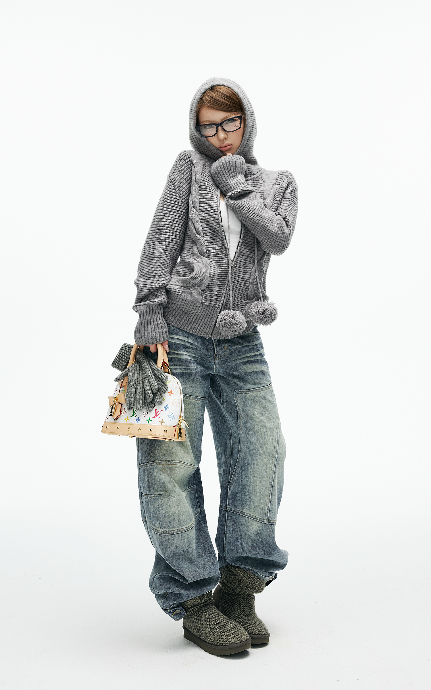 IAMXIAA カーブパネルステッチ付きのストラクチャードワイドレッグデニムパンツ