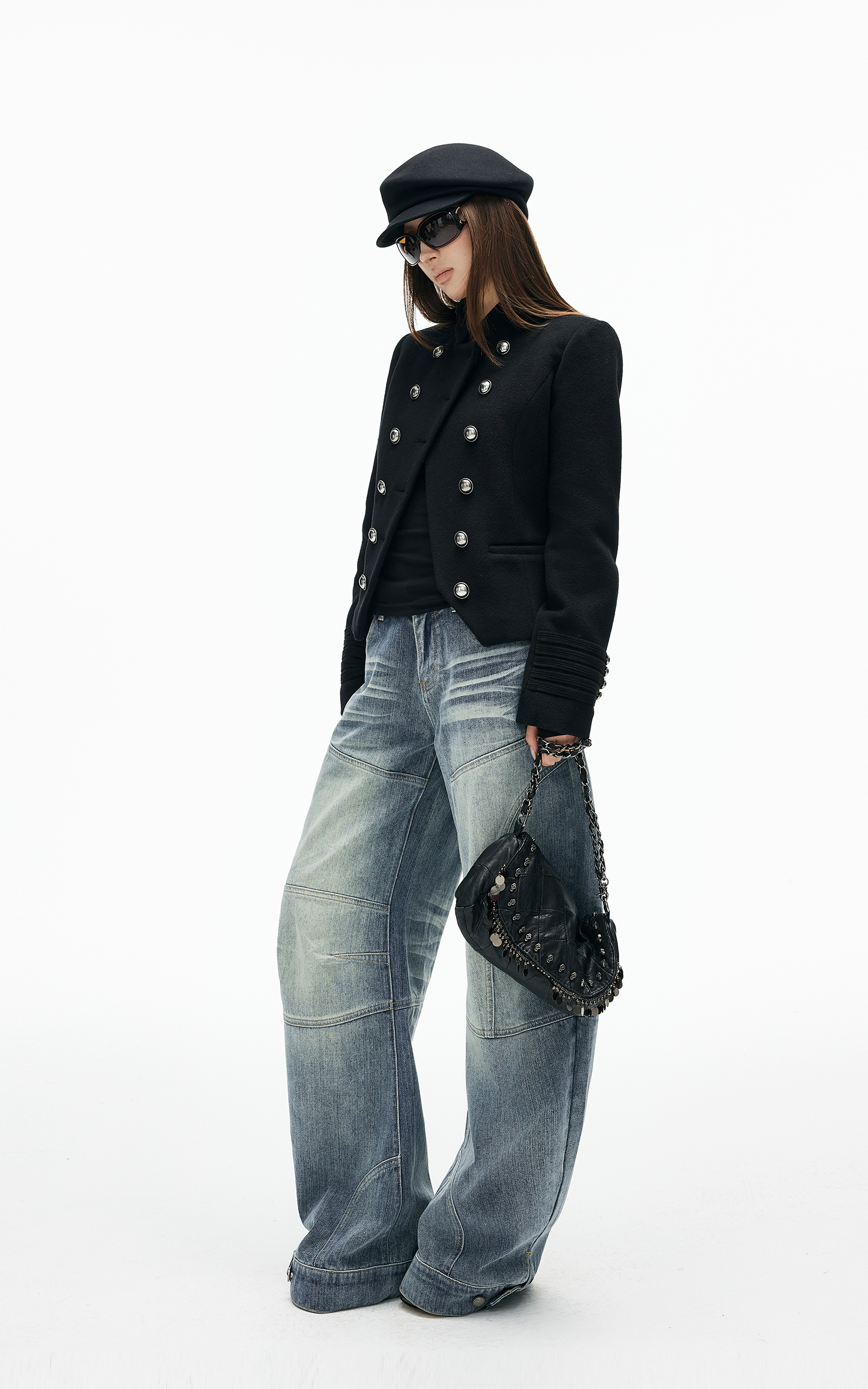 IAMXIAA カーブパネルステッチ付きのストラクチャードワイドレッグデニムパンツ