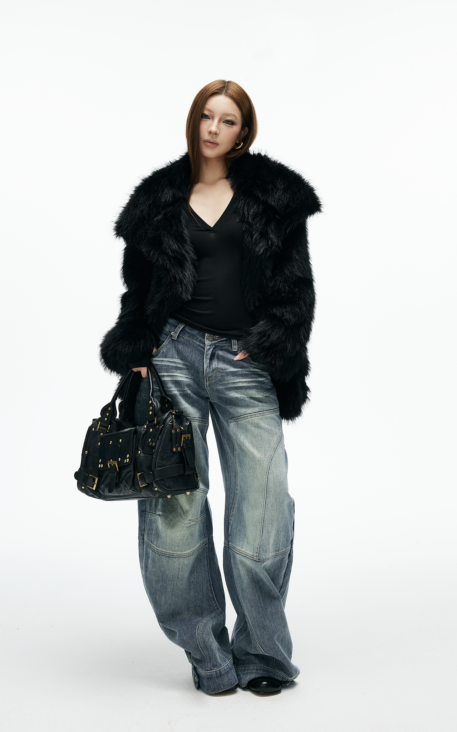 IAMXIAA カーブパネルステッチ付きのストラクチャードワイドレッグデニムパンツ