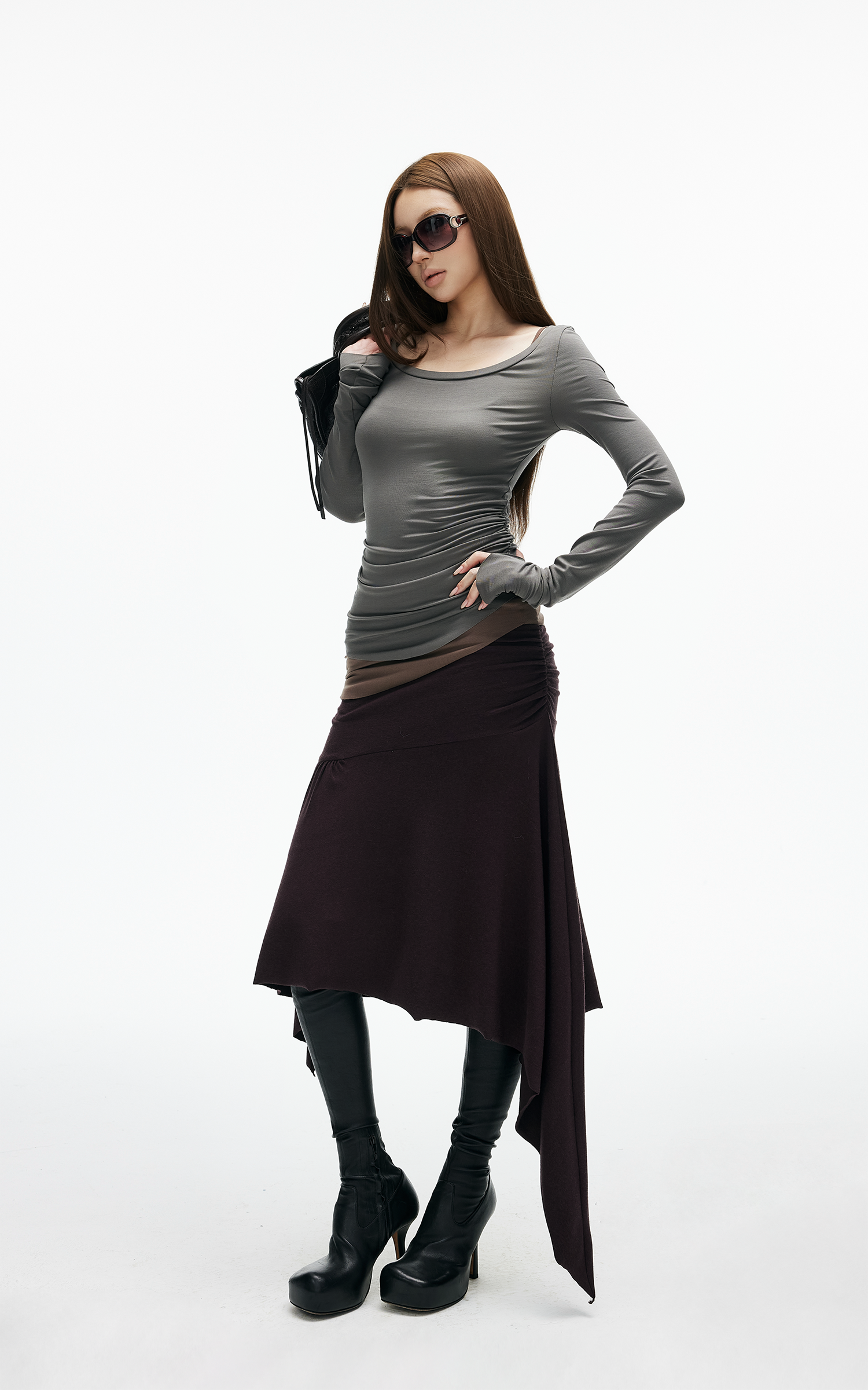 IAMXIAA アシンメトリックルーシュミディスカート