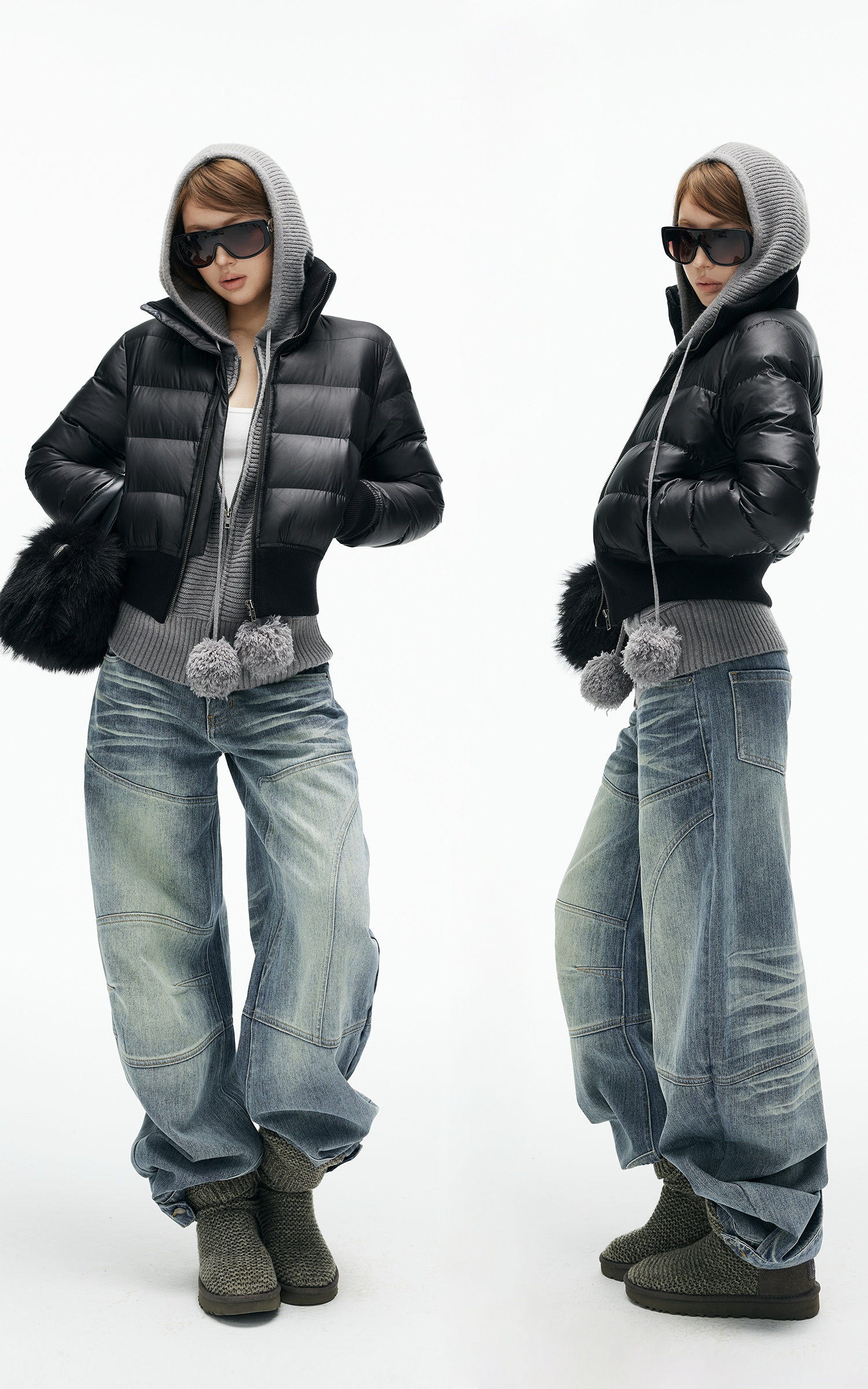 IAMXIAA カーブパネルステッチ付きのストラクチャードワイドレッグデニムパンツ