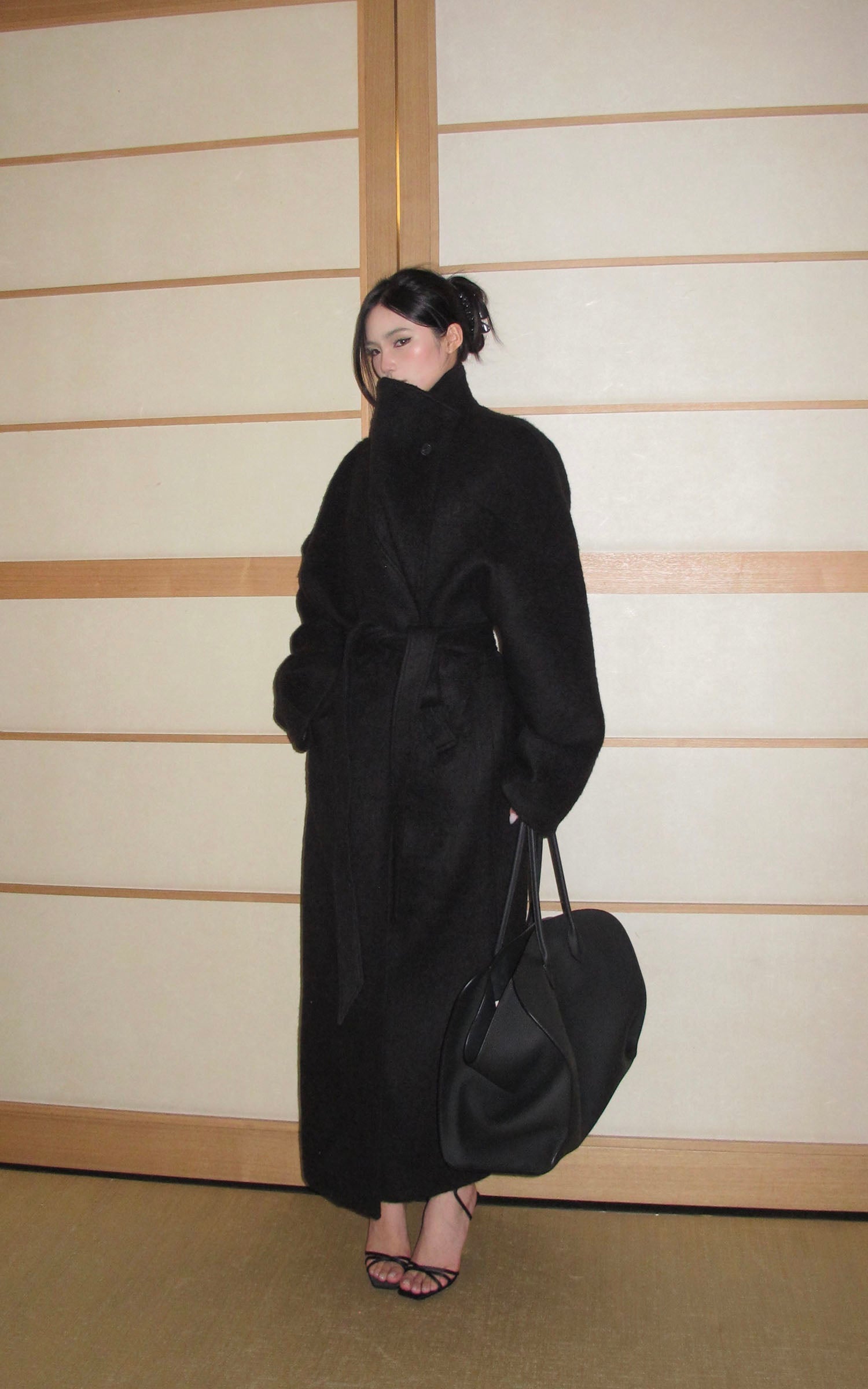 ROVENTE テクスチャードウールコート オーバーサイズラペル付き &amp; タイベルト