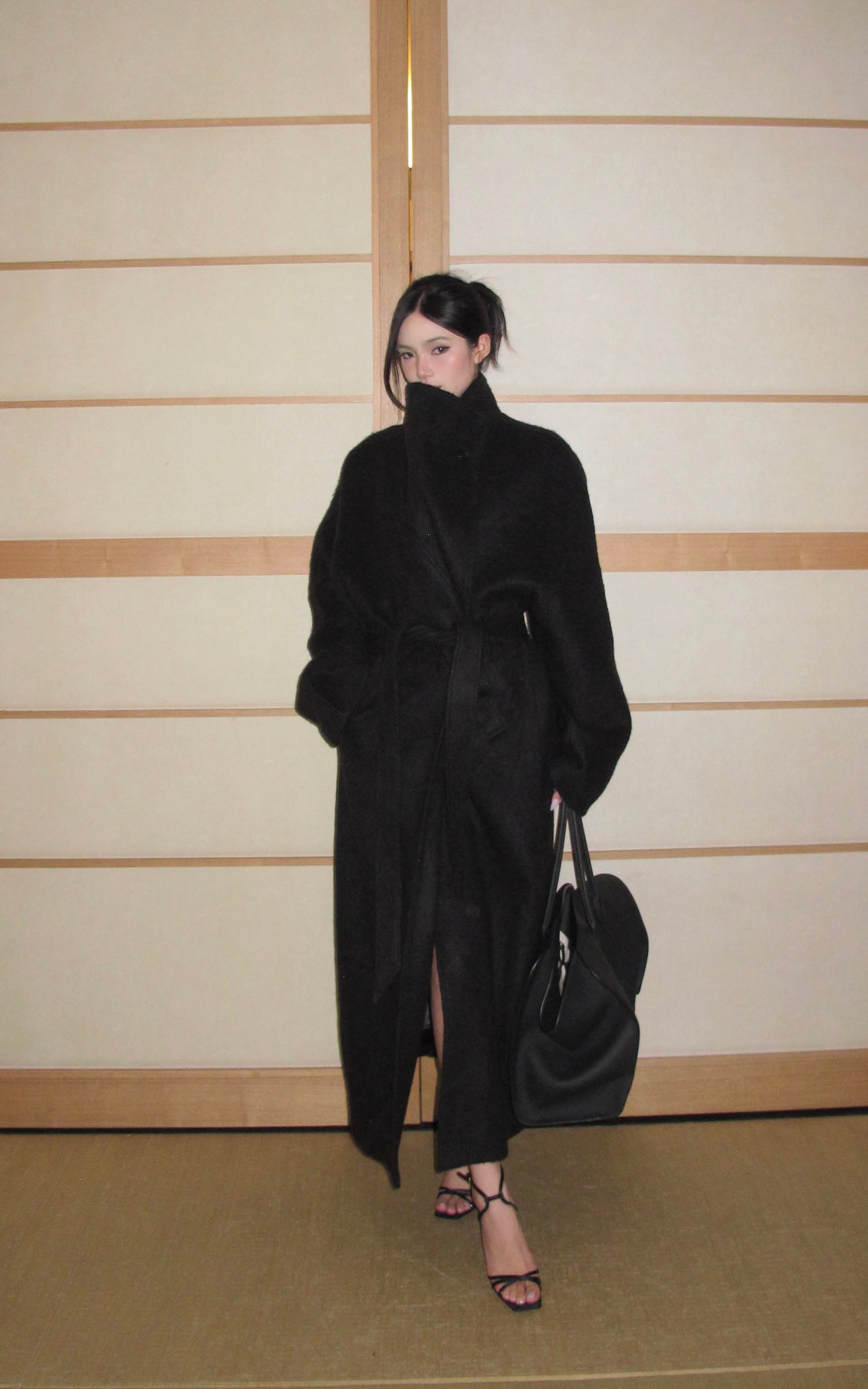 ROVENTE テクスチャードウールコート オーバーサイズラペル付き &amp; タイベルト