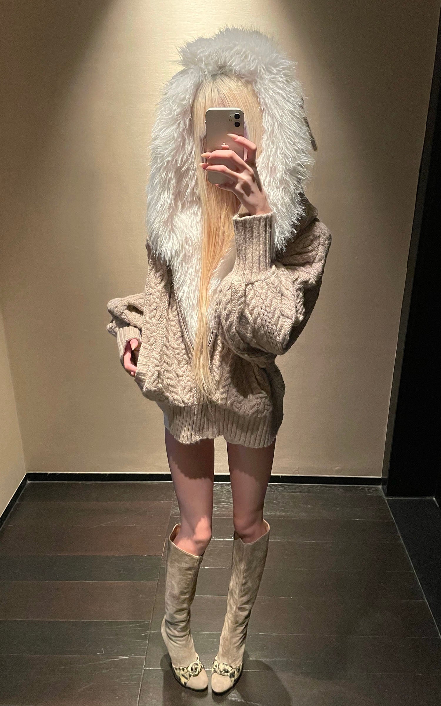 Rase le sol プラッシュライニング付きフードケーブルニットセータージャケット