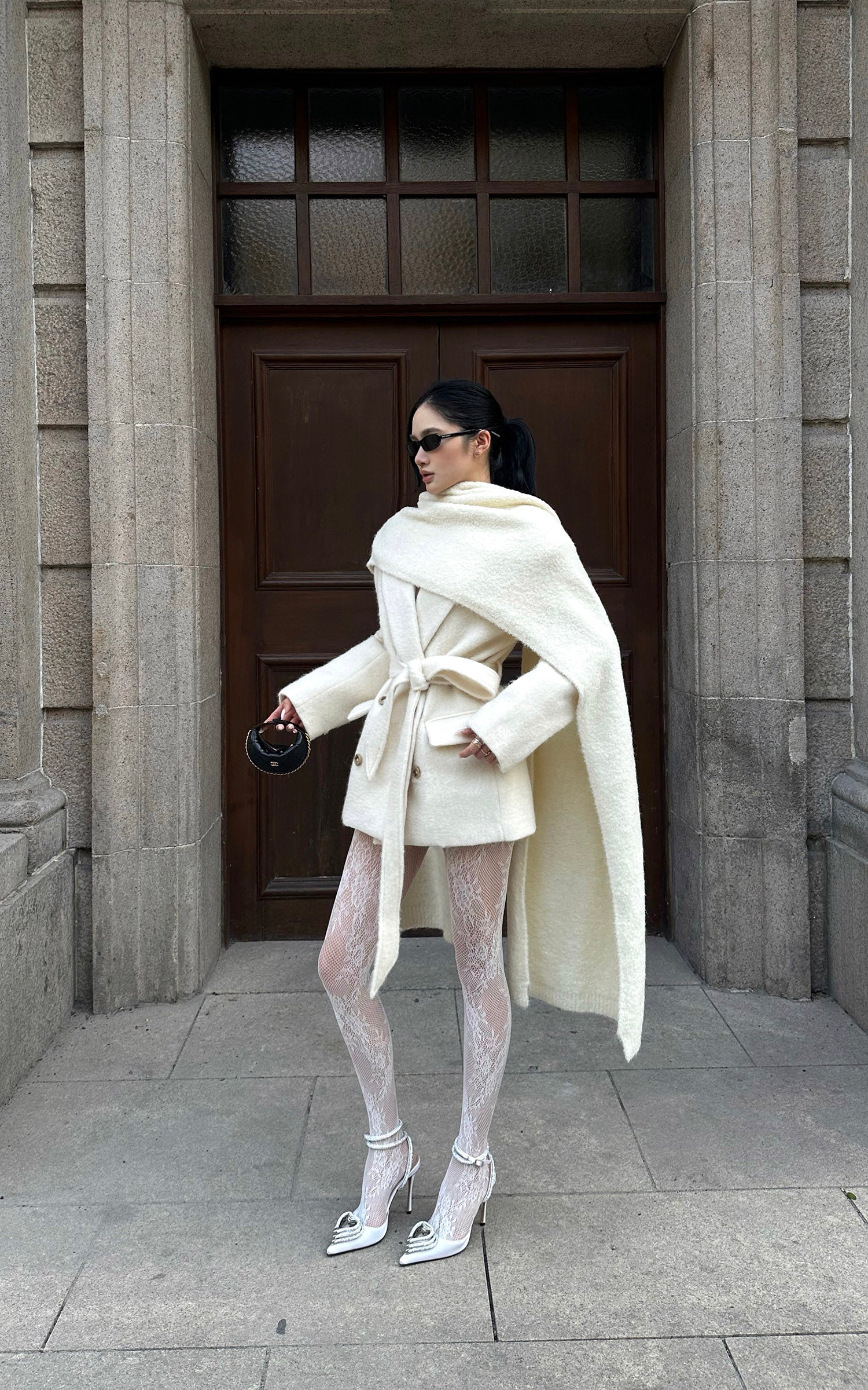 ROVENTE オーバーサイズのショール付きベルトウールコートセット