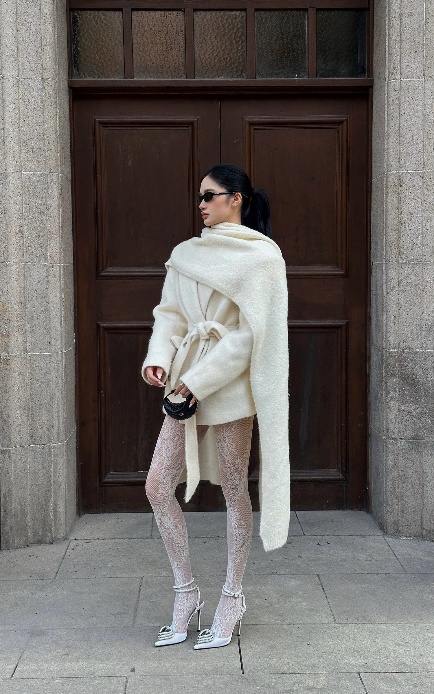 ROVENTE オーバーサイズのショール付きベルトウールコートセット