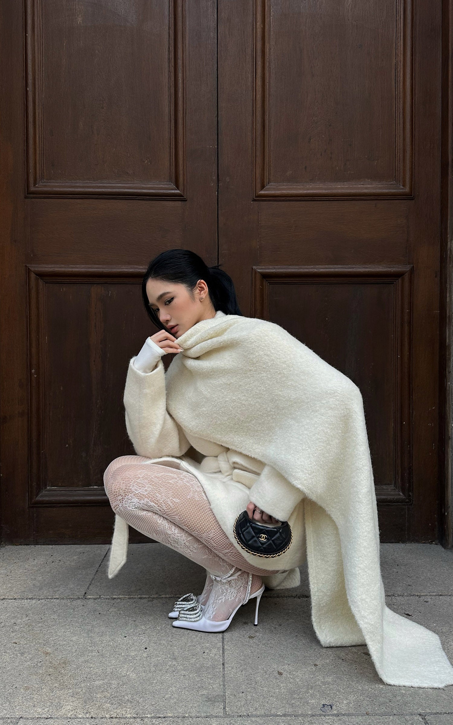 ROVENTE オーバーサイズのショール付きベルトウールコートセット