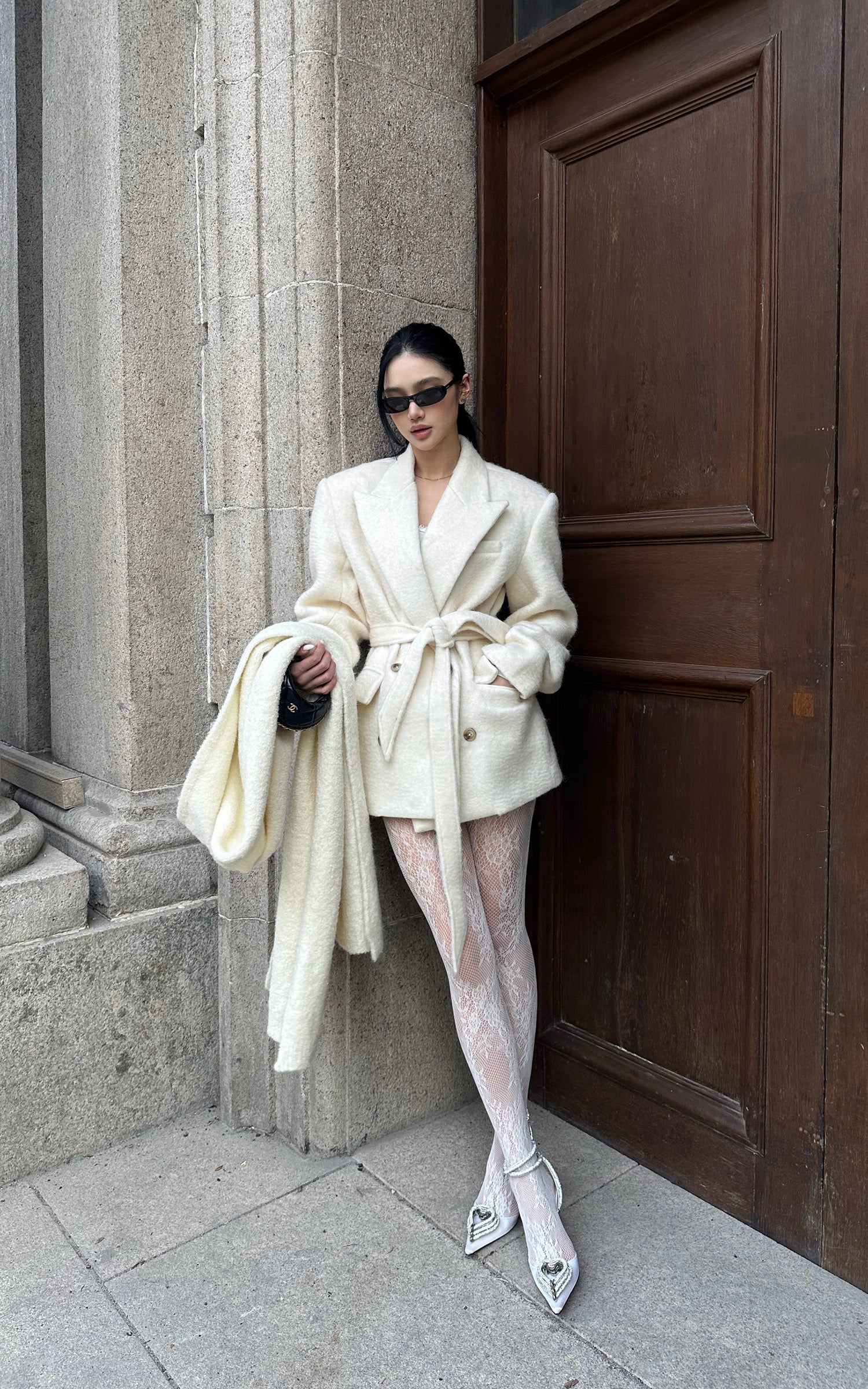 ROVENTE オーバーサイズのショール付きベルトウールコートセット