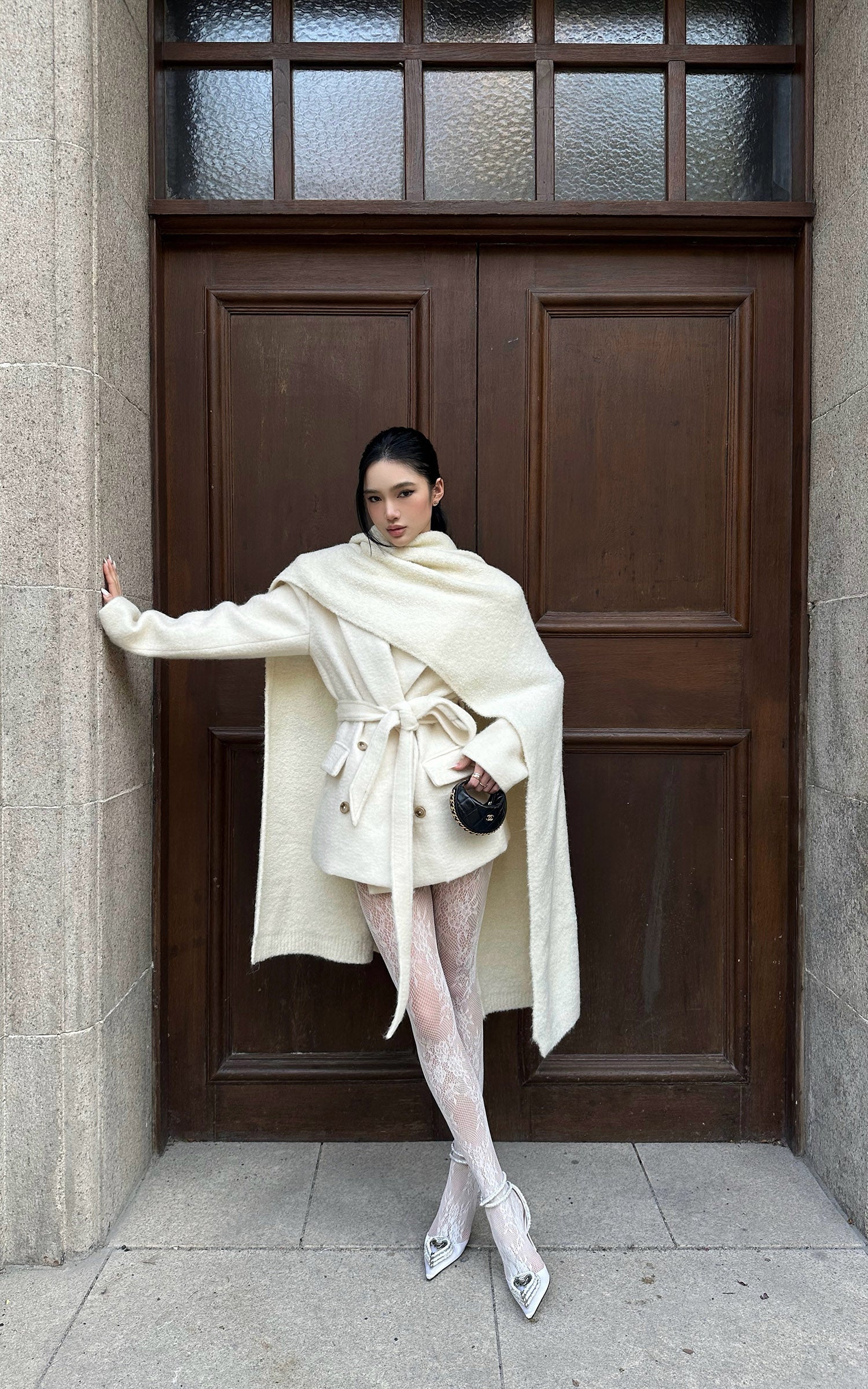 ROVENTE オーバーサイズのショール付きベルトウールコートセット