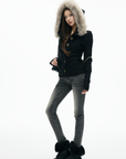 IAMXIAA Faux-Fur Hood Cable Knit Hoodie