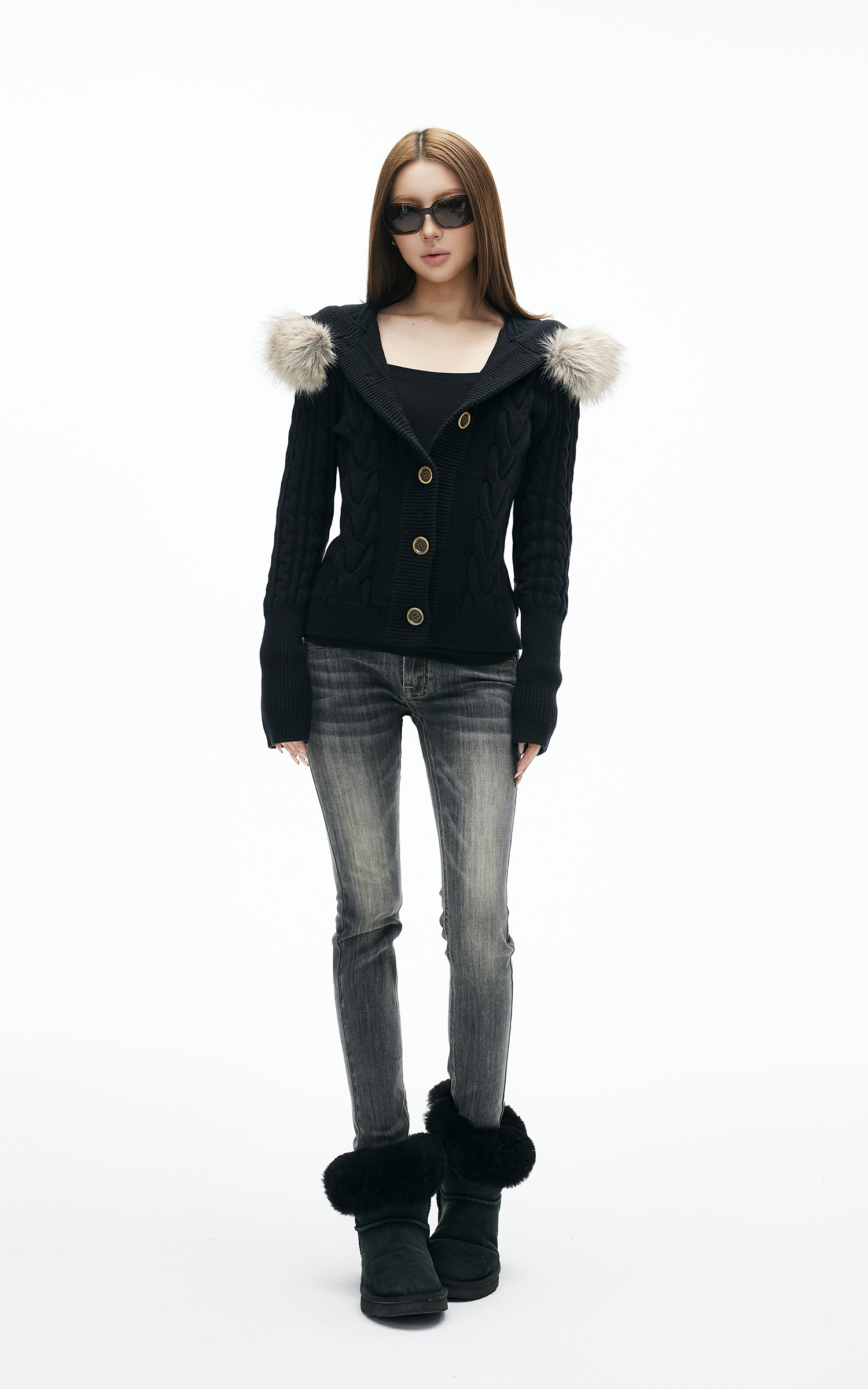 IAMXIAA Faux-Fur Hood Cable Knit Hoodie