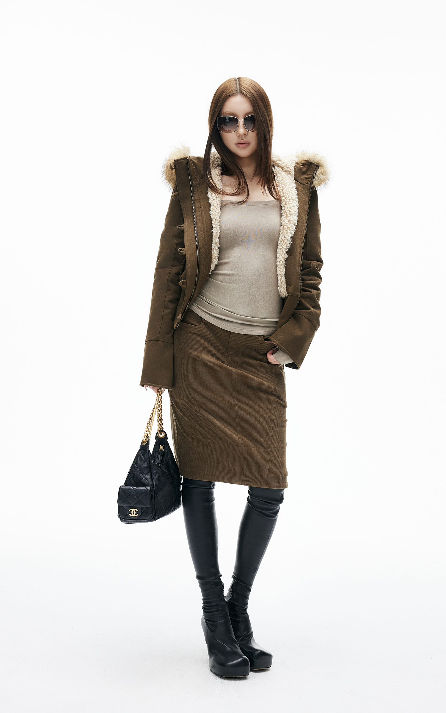 IAMXIAA ハイウエストコーデュロイボディコンミディスカート