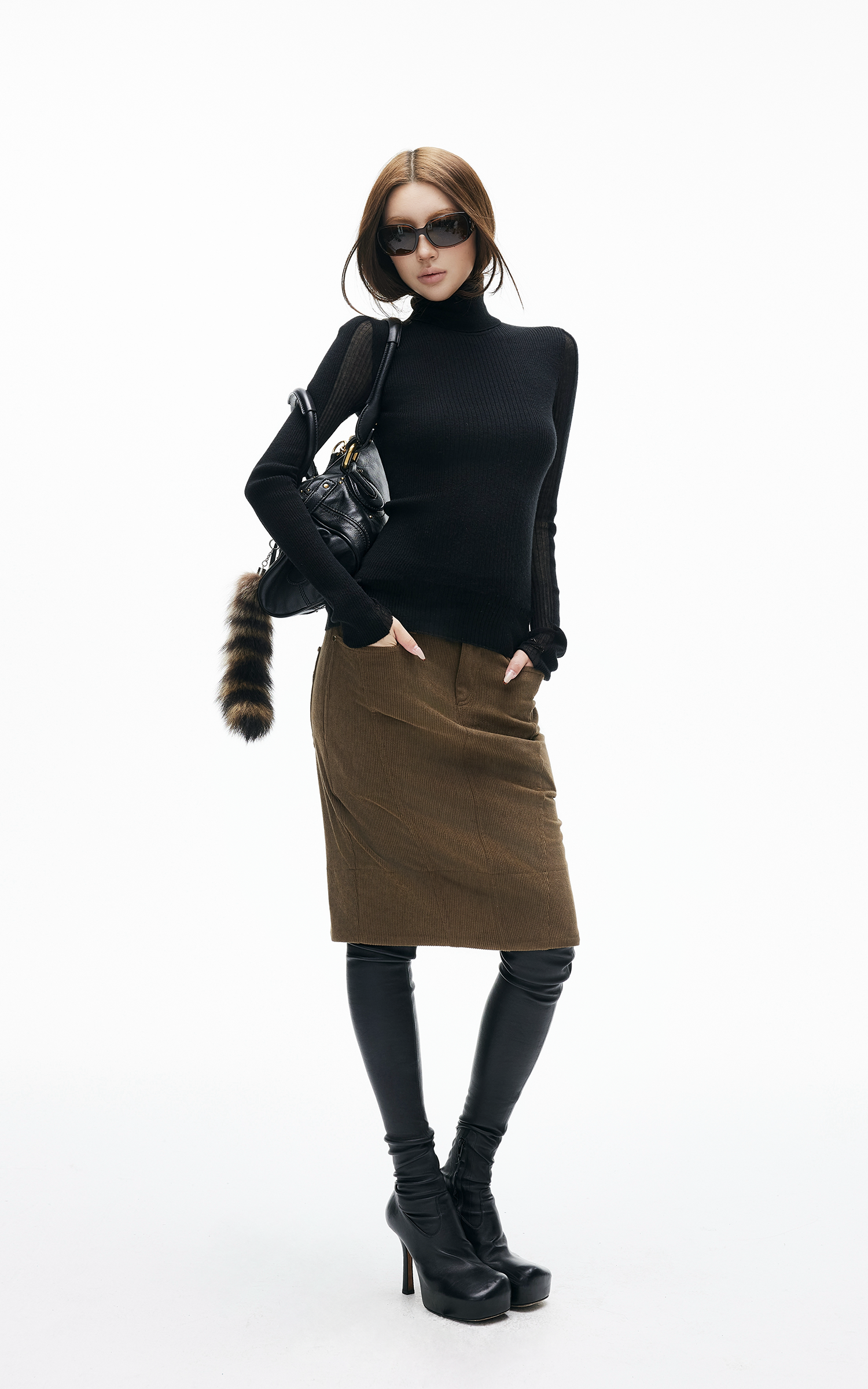 IAMXIAA ハイウエストコーデュロイボディコンミディスカート