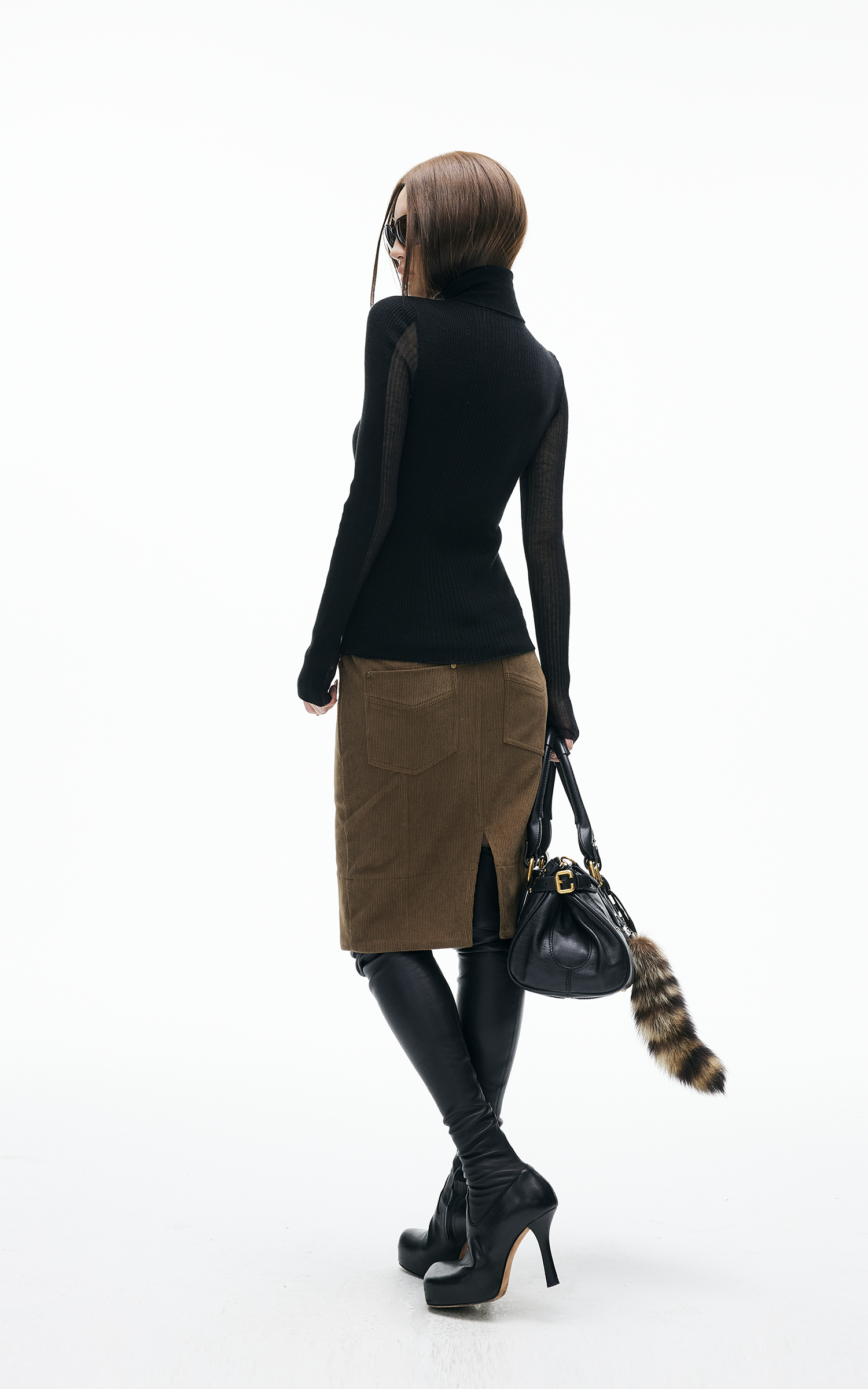 IAMXIAA ハイウエストコーデュロイボディコンミディスカート