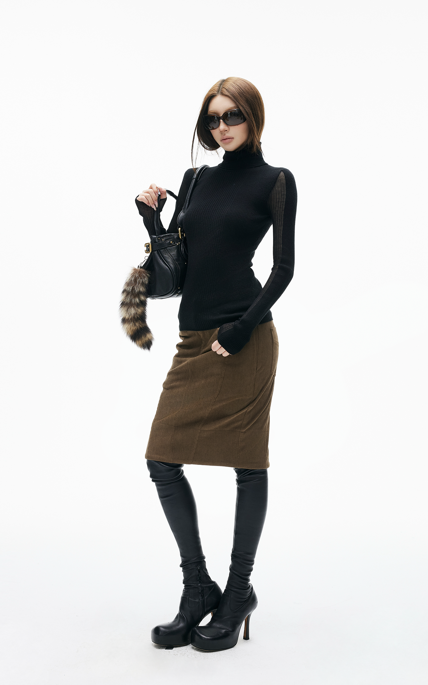 IAMXIAA ハイウエストコーデュロイボディコンミディスカート