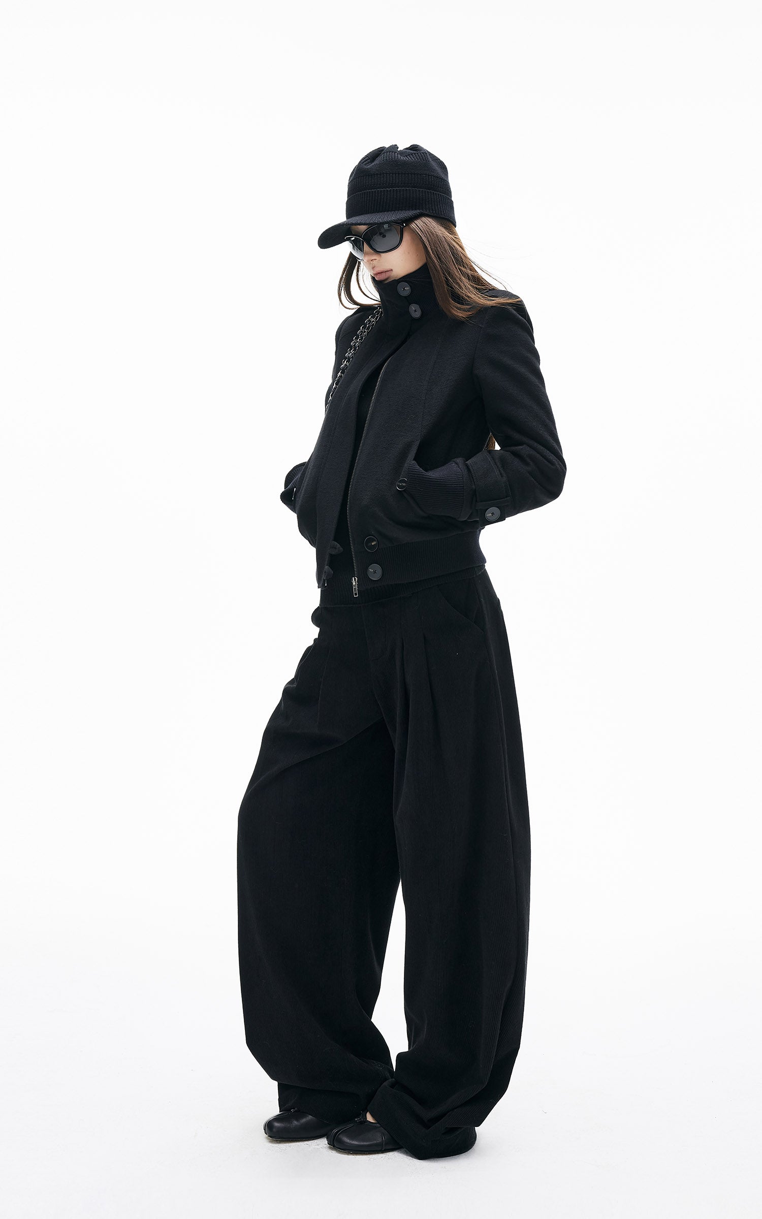 IAMXIAA リブ編みワイドレッグカジュアルパンツ