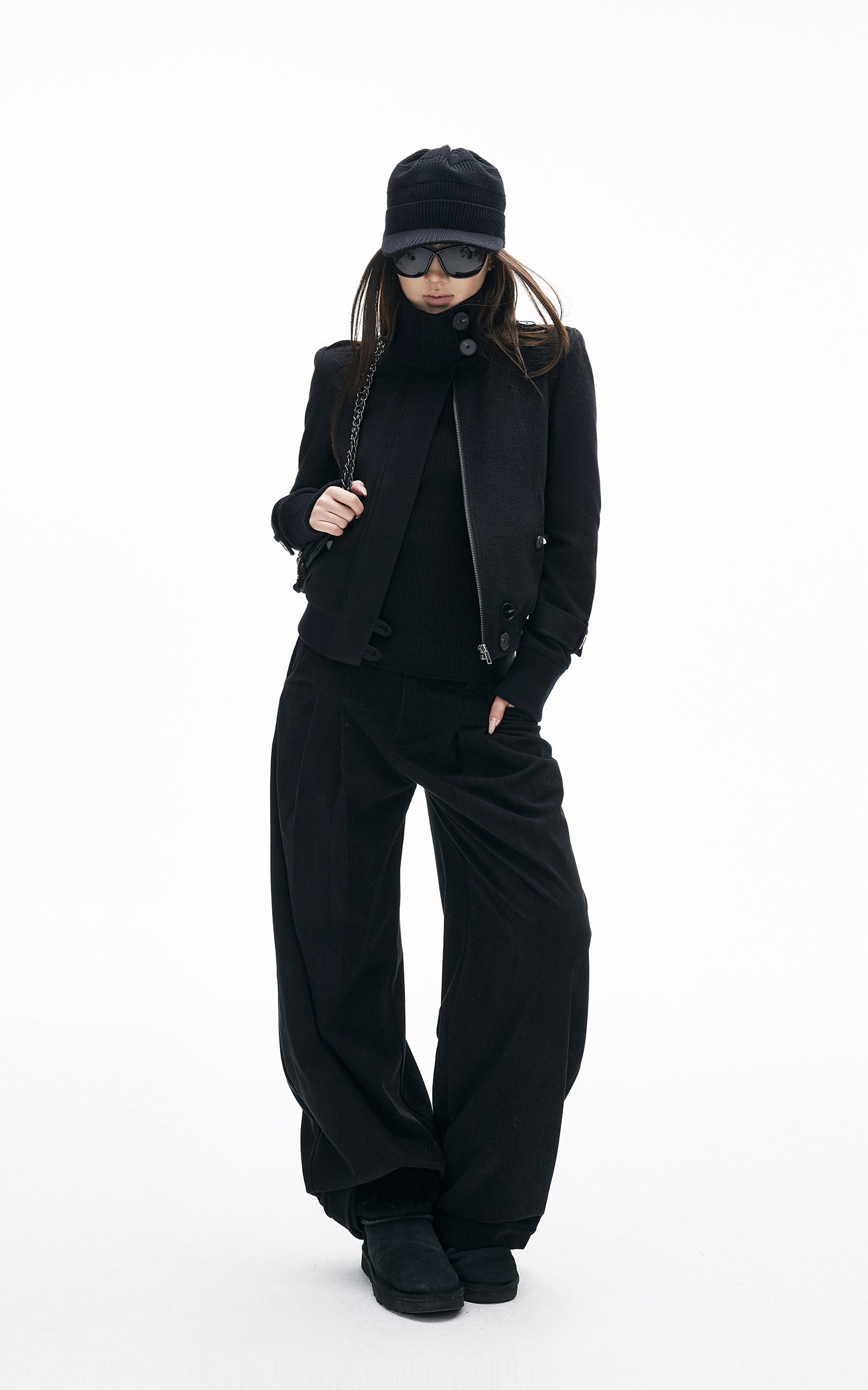 IAMXIAA リブ編みワイドレッグカジュアルパンツ