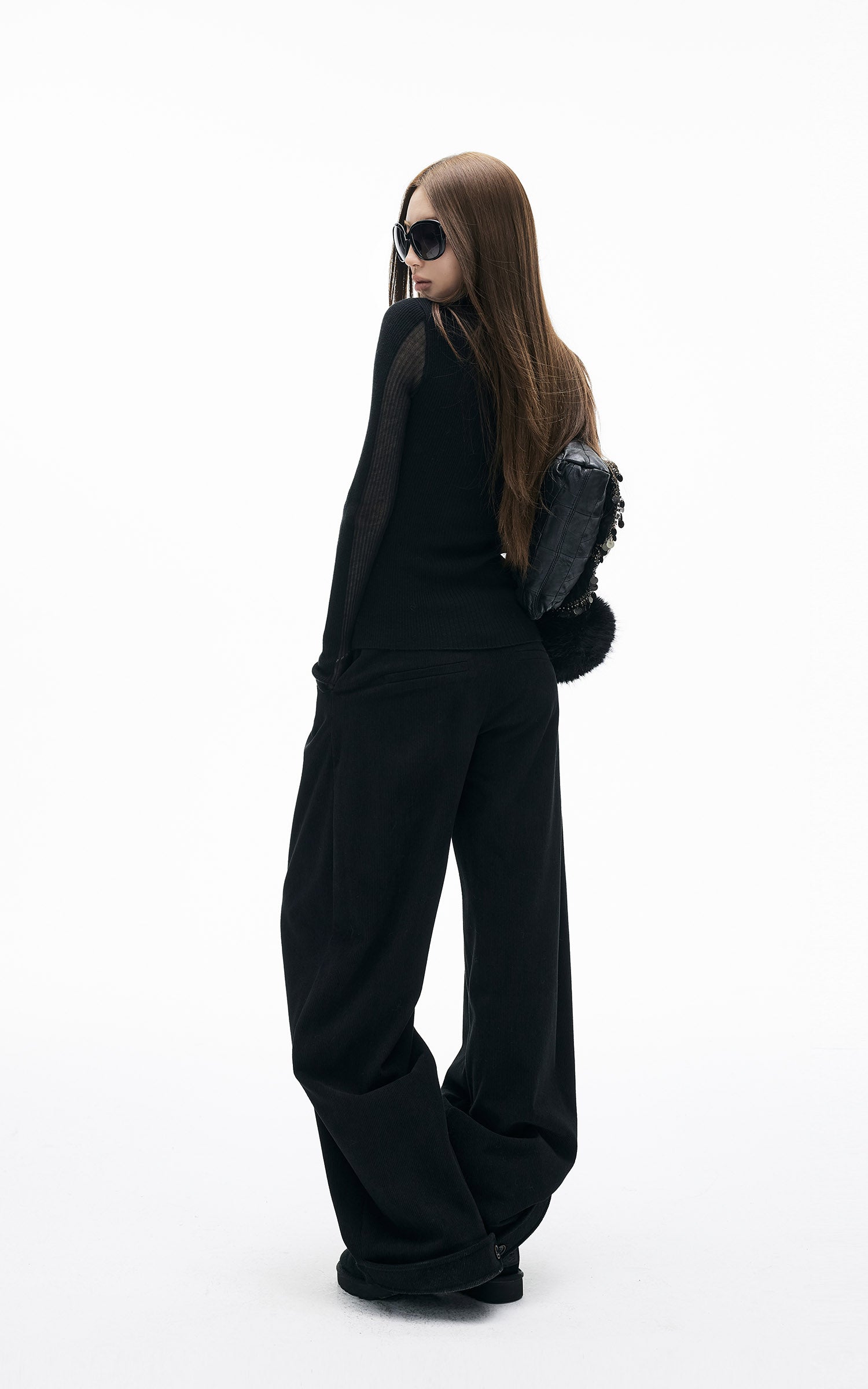 IAMXIAA リブ編みワイドレッグカジュアルパンツ