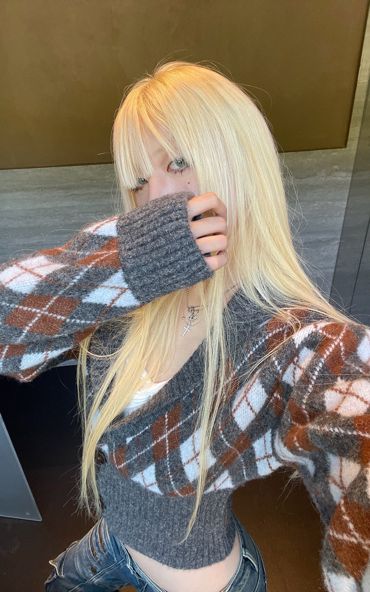 Rase le sol ダブルボタンウエストデザインのアルガイルニットクロップドカーディガン