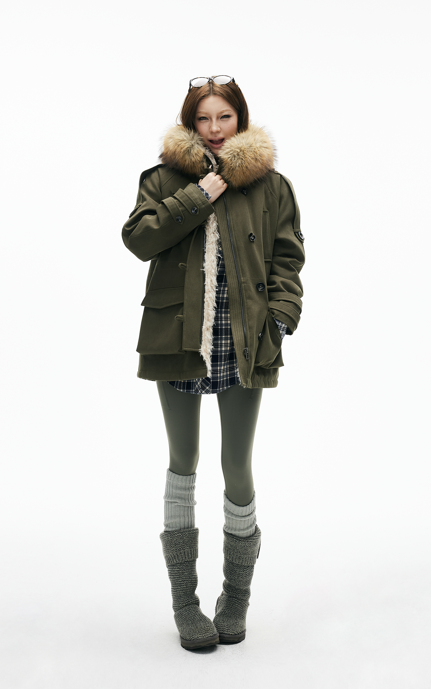 IAMXIAA フェイクファー フード付きユーティリティジャケット