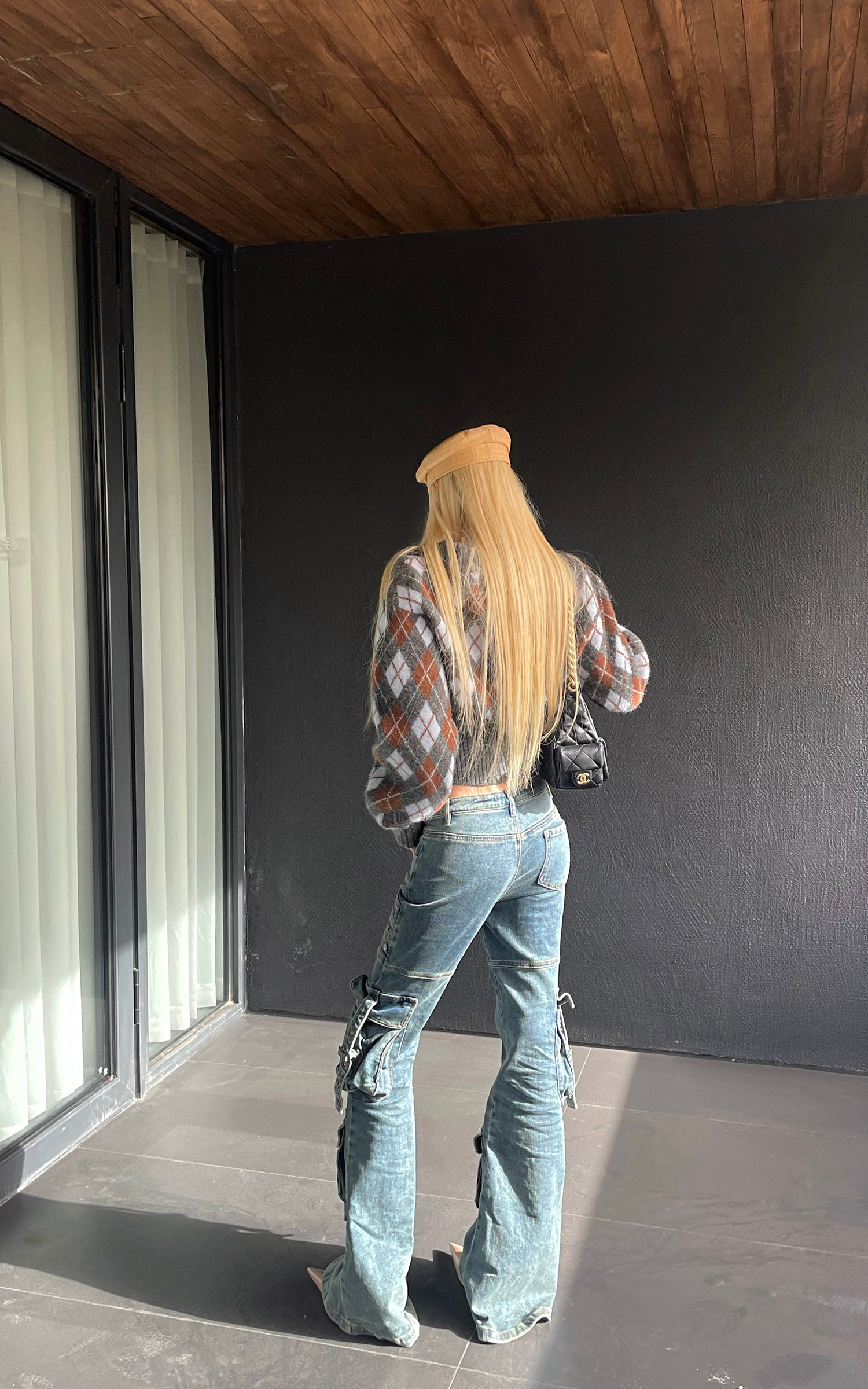 Rase le sol ダブルボタンウエストデザインのアルガイルニットクロップドカーディガン